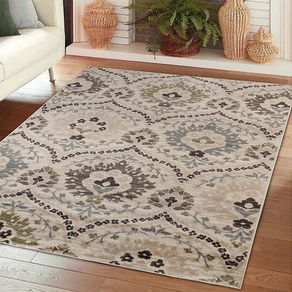 Superior Oriental Vintage Floral Damask Power-loom Indoor Area Rug, 8'x10', Beige-Brown