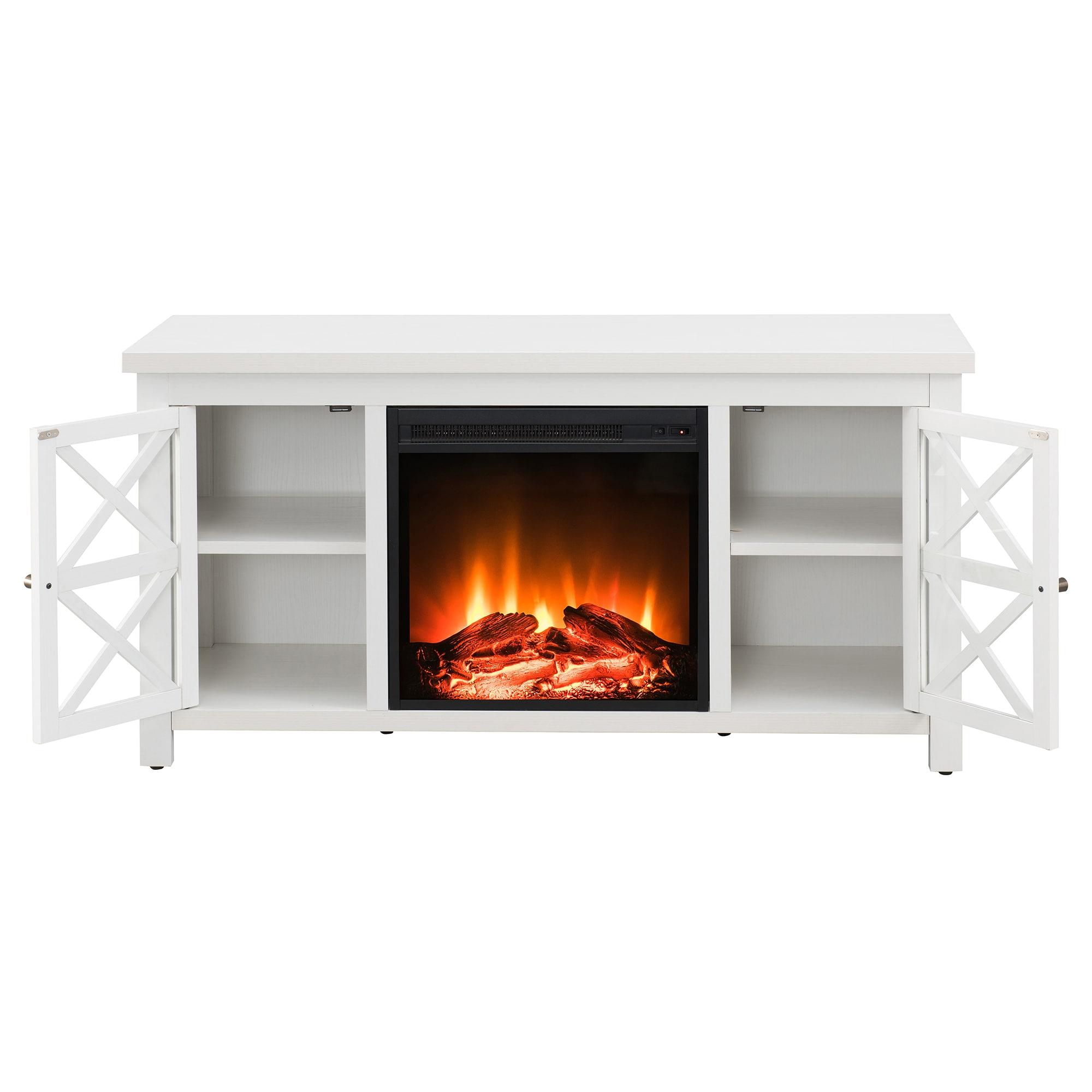 Evelyn&Zoe Colton Rectangular TV Stand with Log Fireplace for TV's up to 55", White