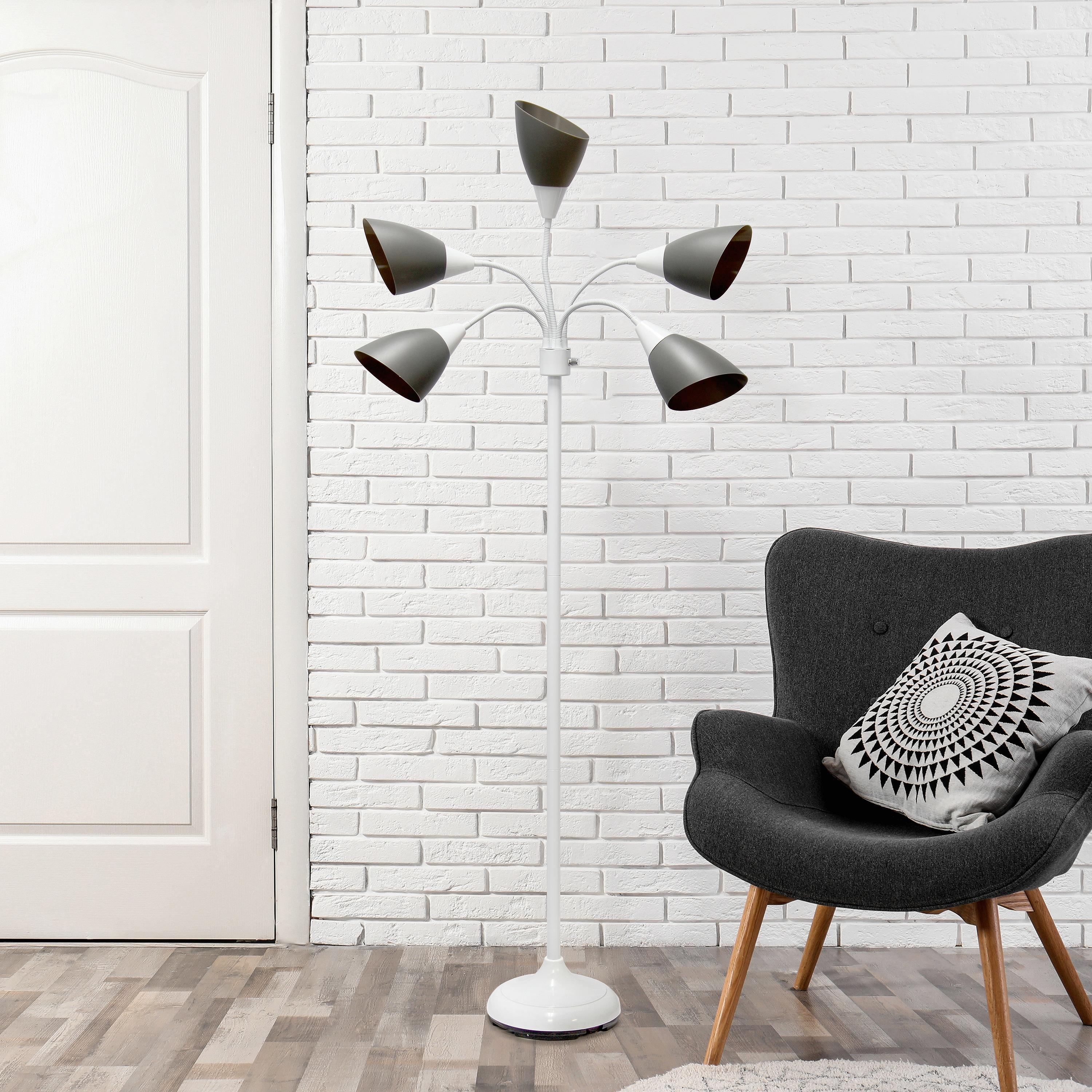 Simple Designs 67" Contemporary Multi 5-Head Adjustable Gooseneck Floor Lamp with Shades Gray : ETL Listed, Metal Body, Rotary Dimmer Switch