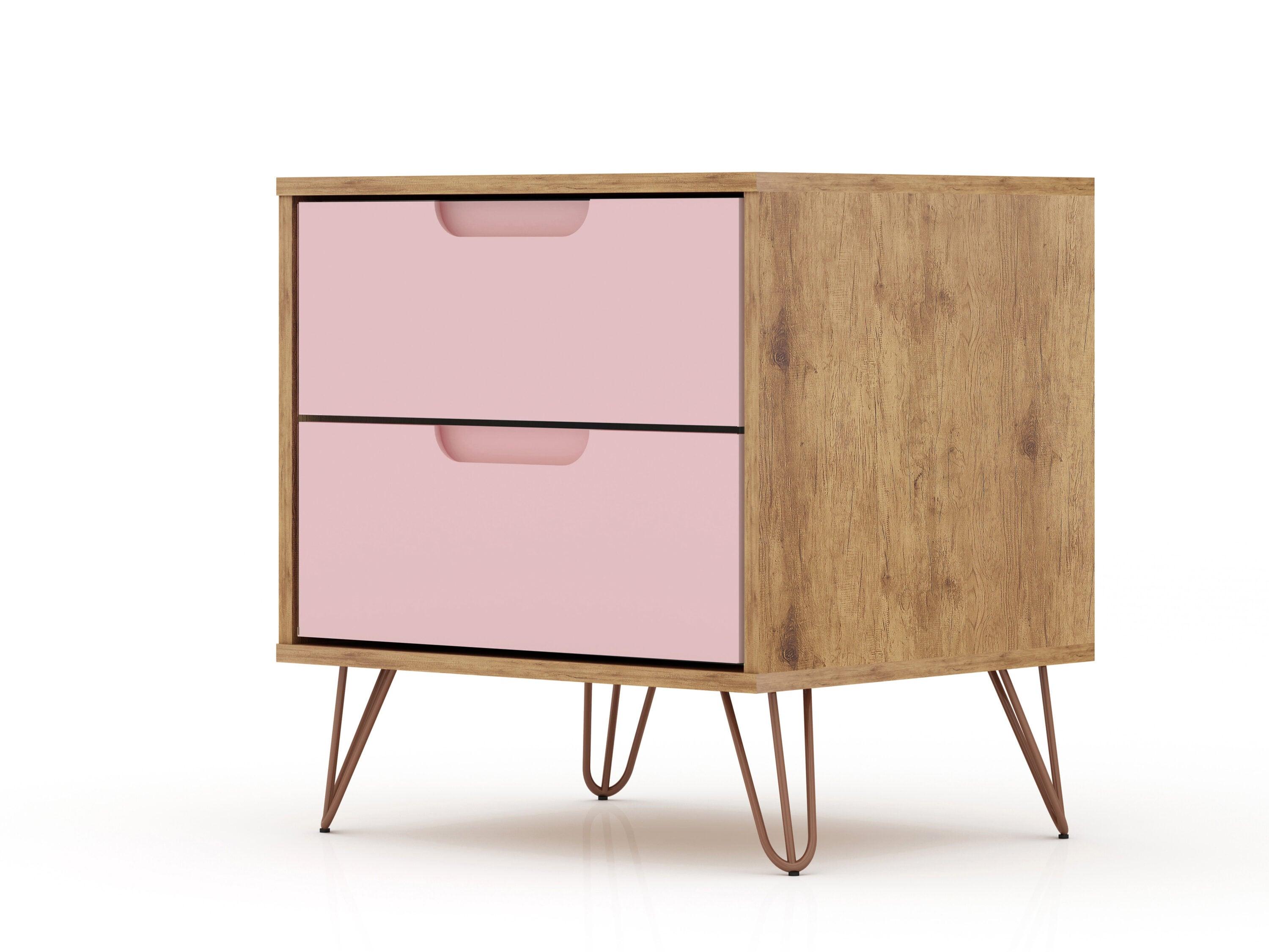2.0 Rockefeller Nightstand Natural/Rose Pink - Manhattan Comfort: Modern MDF Bedside Storage with Metal Glides