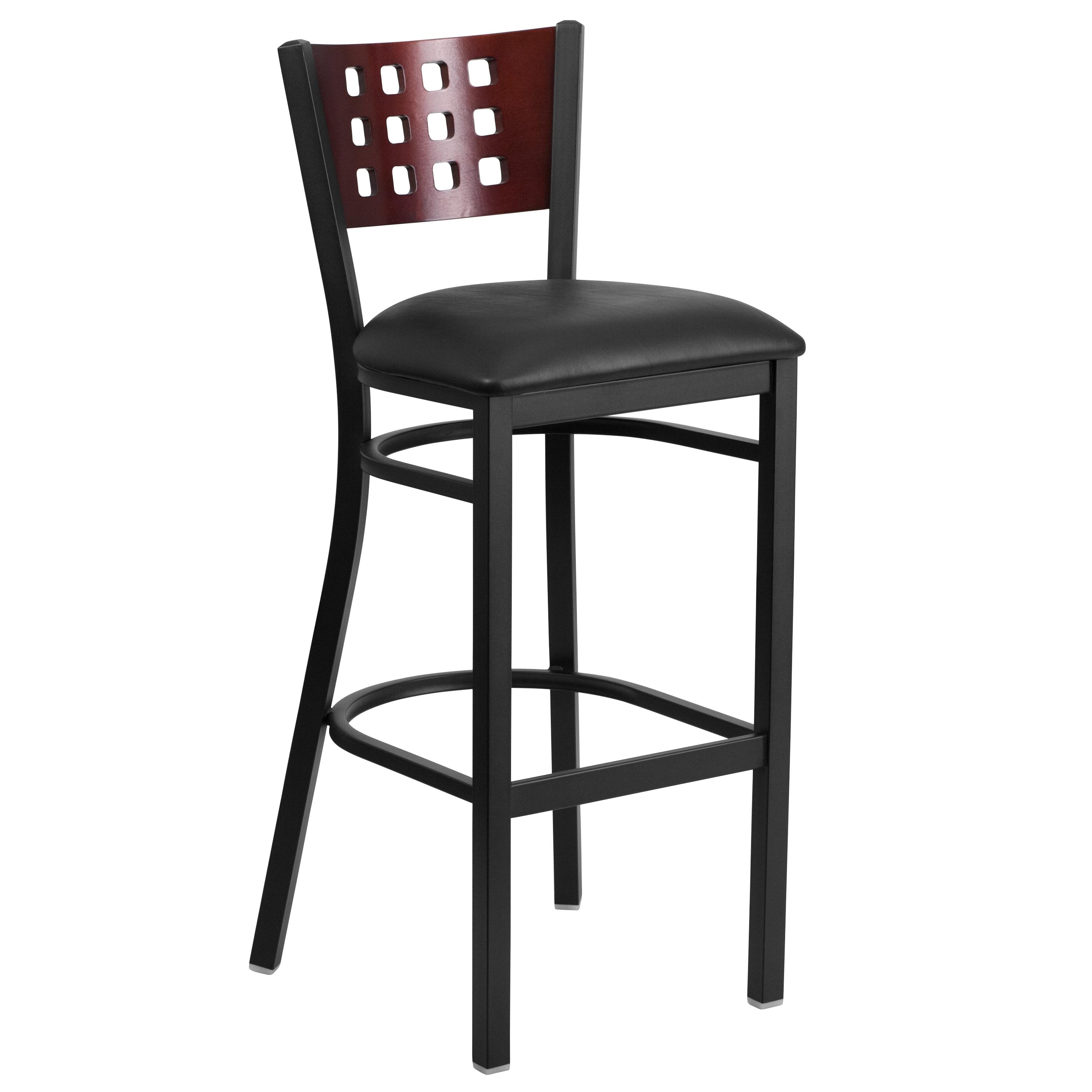 Flash Furniture HERCULES Series Black Cutout Back Metal Restaurant Barstool - Mahogany Wood Back, Black Vinyl Seat