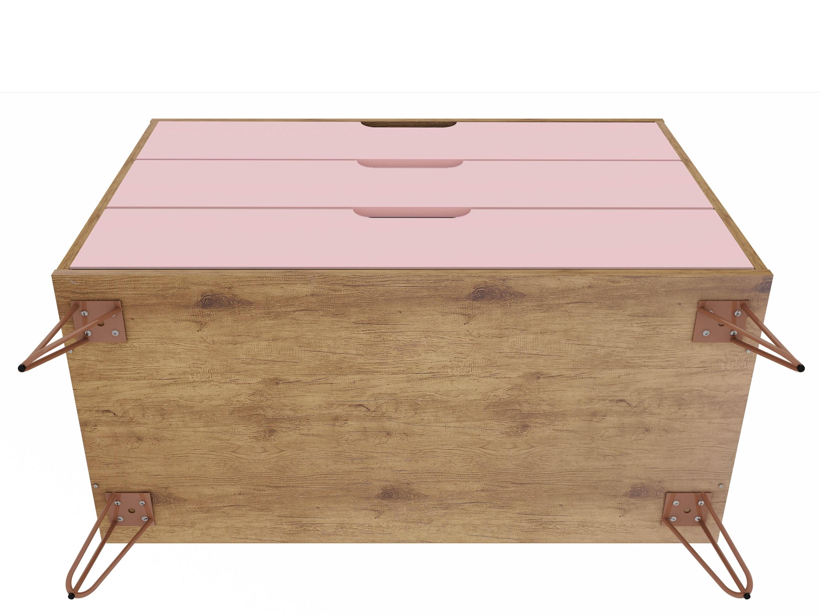 Set of 2 Rockefeller 3 Drawer Dresser Nature/Rose Pink - Manhattan Comfort: MDF Bedroom Storage, Easy-Glide, 6 Drawers