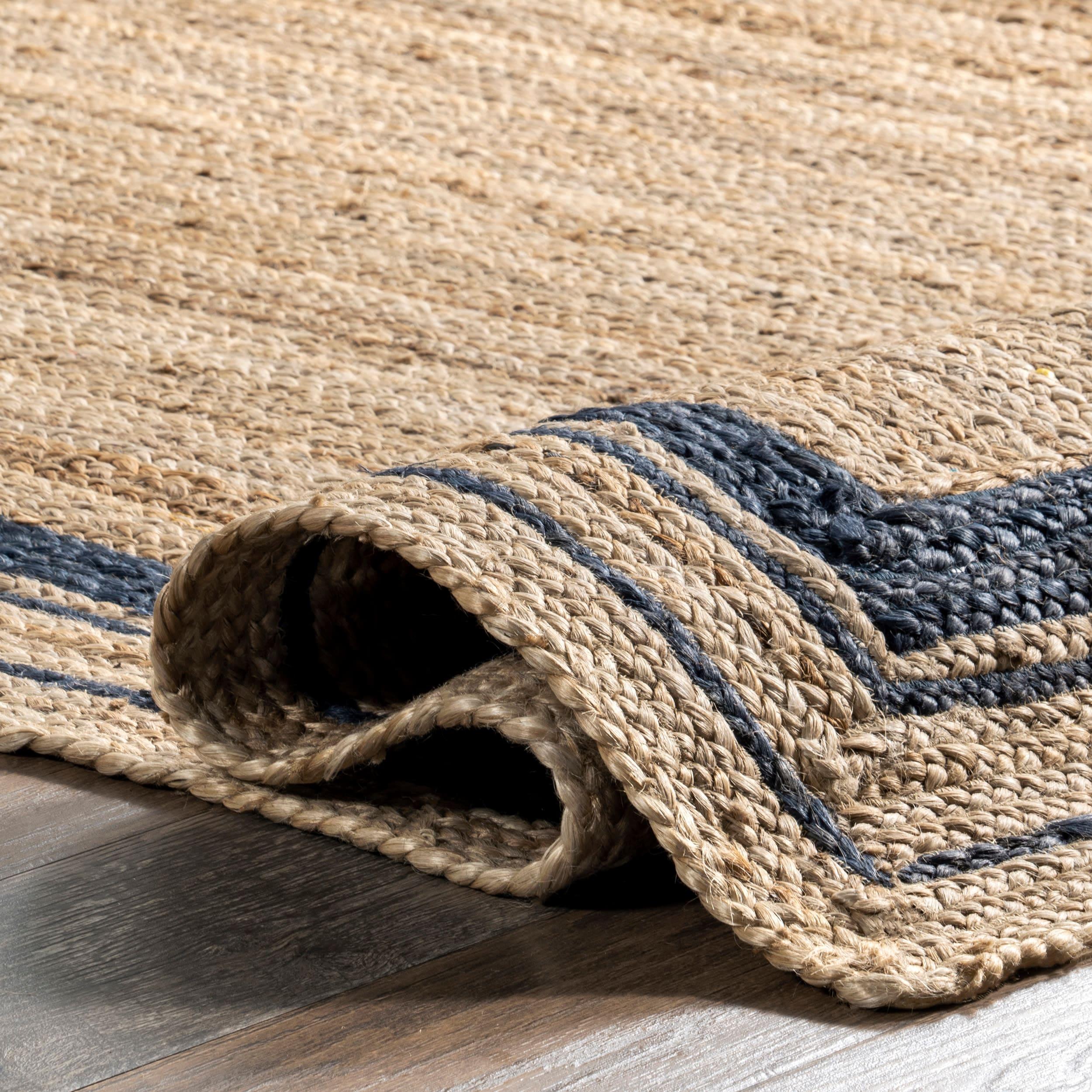 Nuloom Rikki Bordered 4x6 Jute Indoor Area Rug for Dining Room Rug Neutral Rug Living Room Rug Kitchen, Navy/Natural