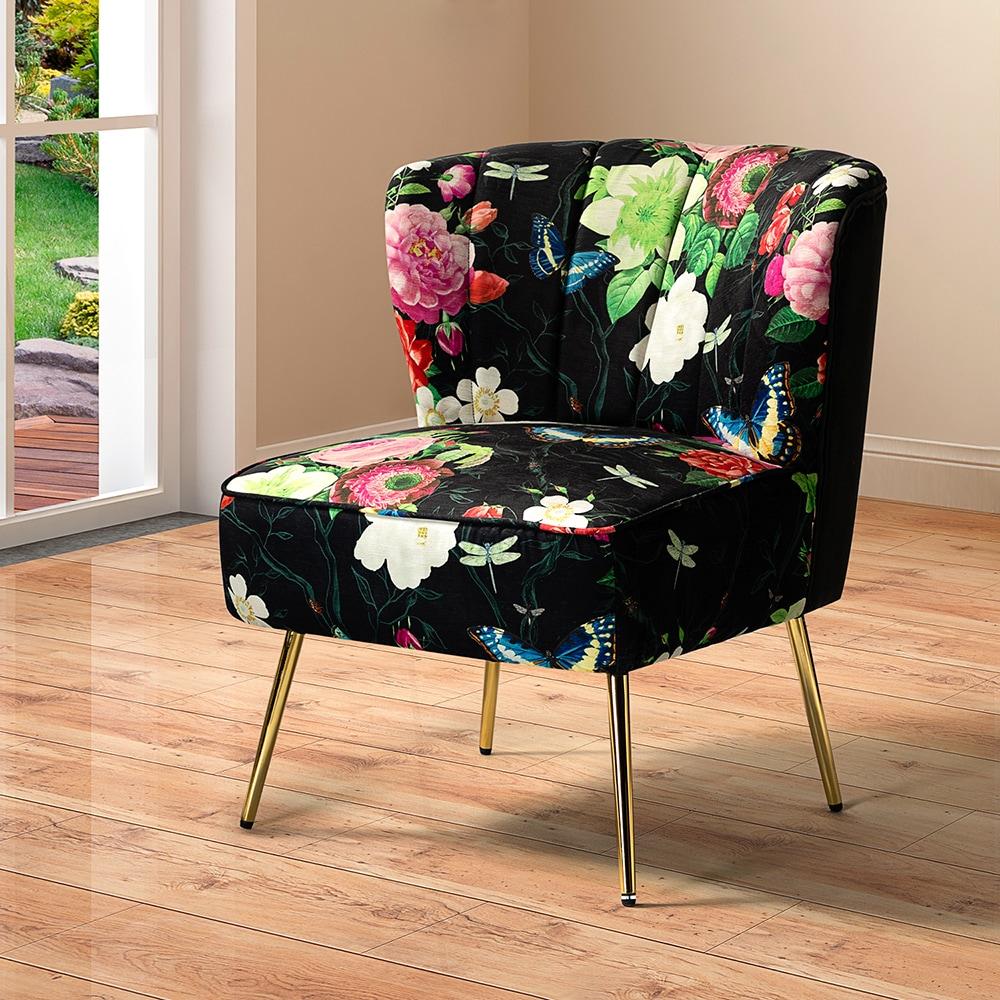 Floral Accent Chair Upholstered Wingback Sofa Tufted Back Golden Legs Flower Butterfly  Dining Home Living Room Bedroom Black