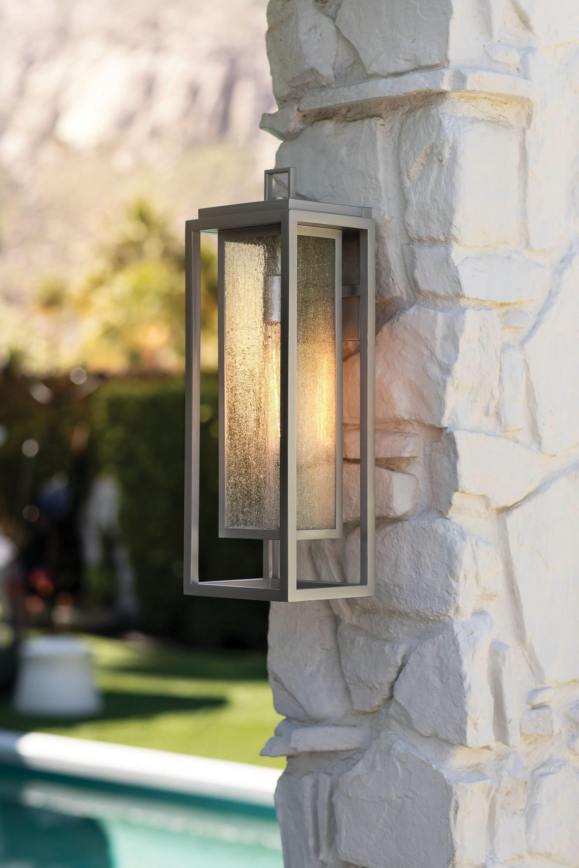 Satin Nickel 12-Inch Outdoor Wall Sconce with Clear Seedy Glass