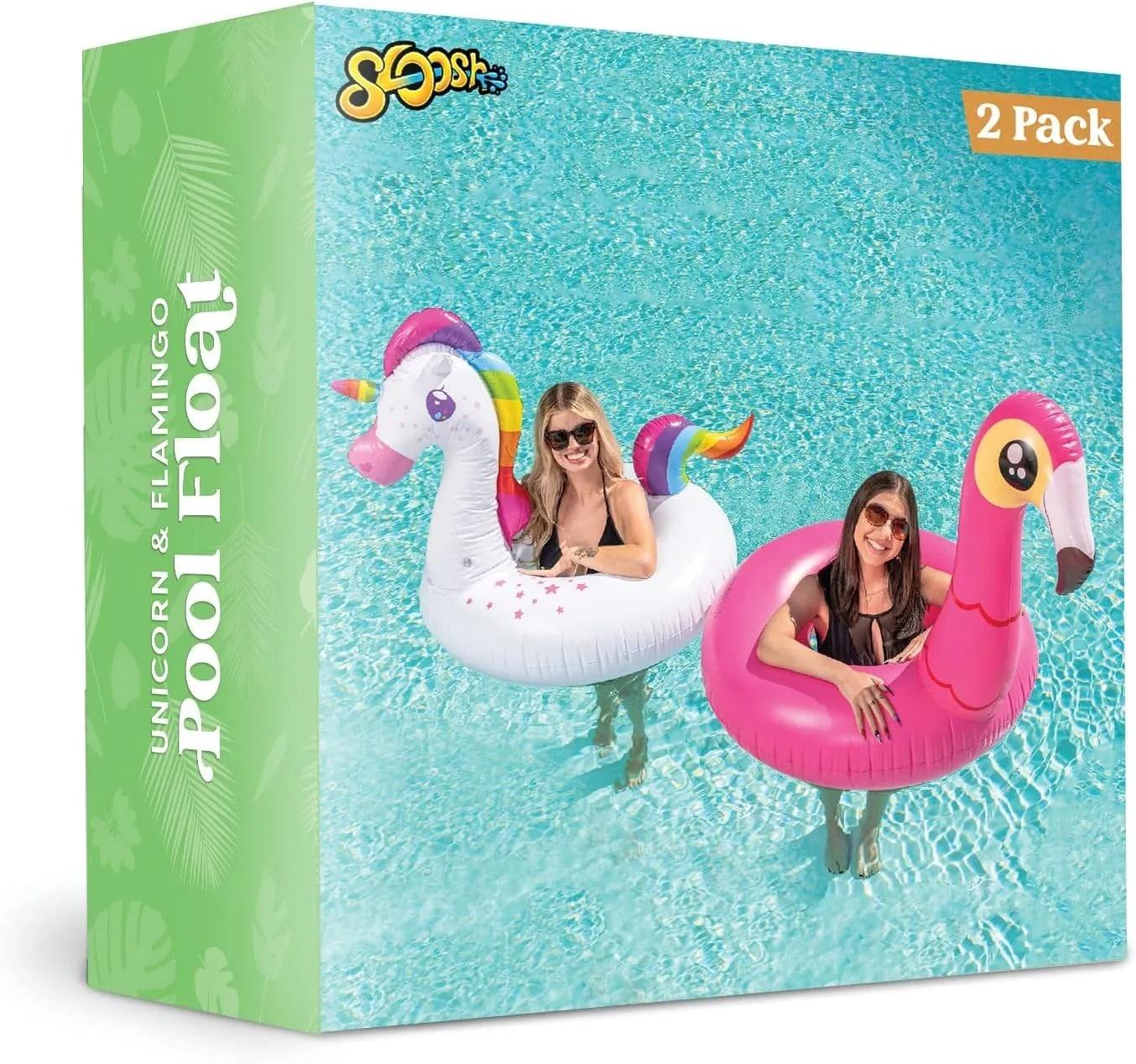 Joyfy 2 Packs Pool Floats Tube, Inflatable Unicorn Flamingo Pool Toys Floaties with Headrest, Pool Swim Ring for Kids Adults Beach Lake Summer Fun