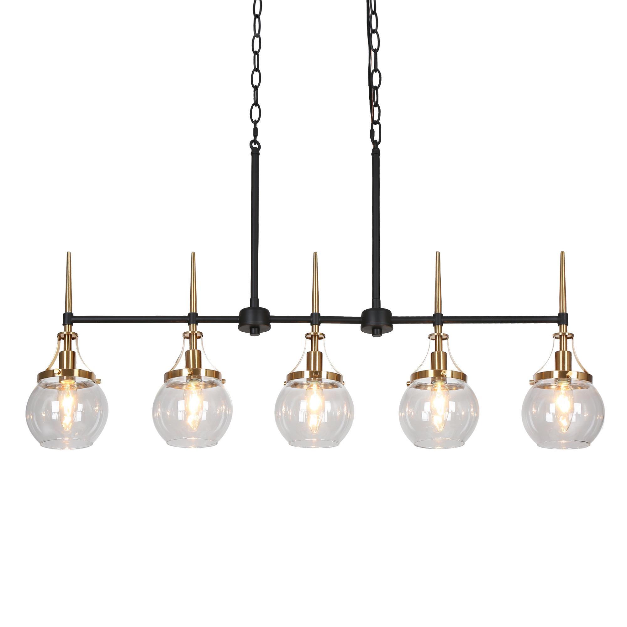 LNC Capensis 6-Light 36.2" Matte Black and Polished Gold Shaded LED Dry Rated Chandelier: UL Listed, Adjustable Height, Glass Shades