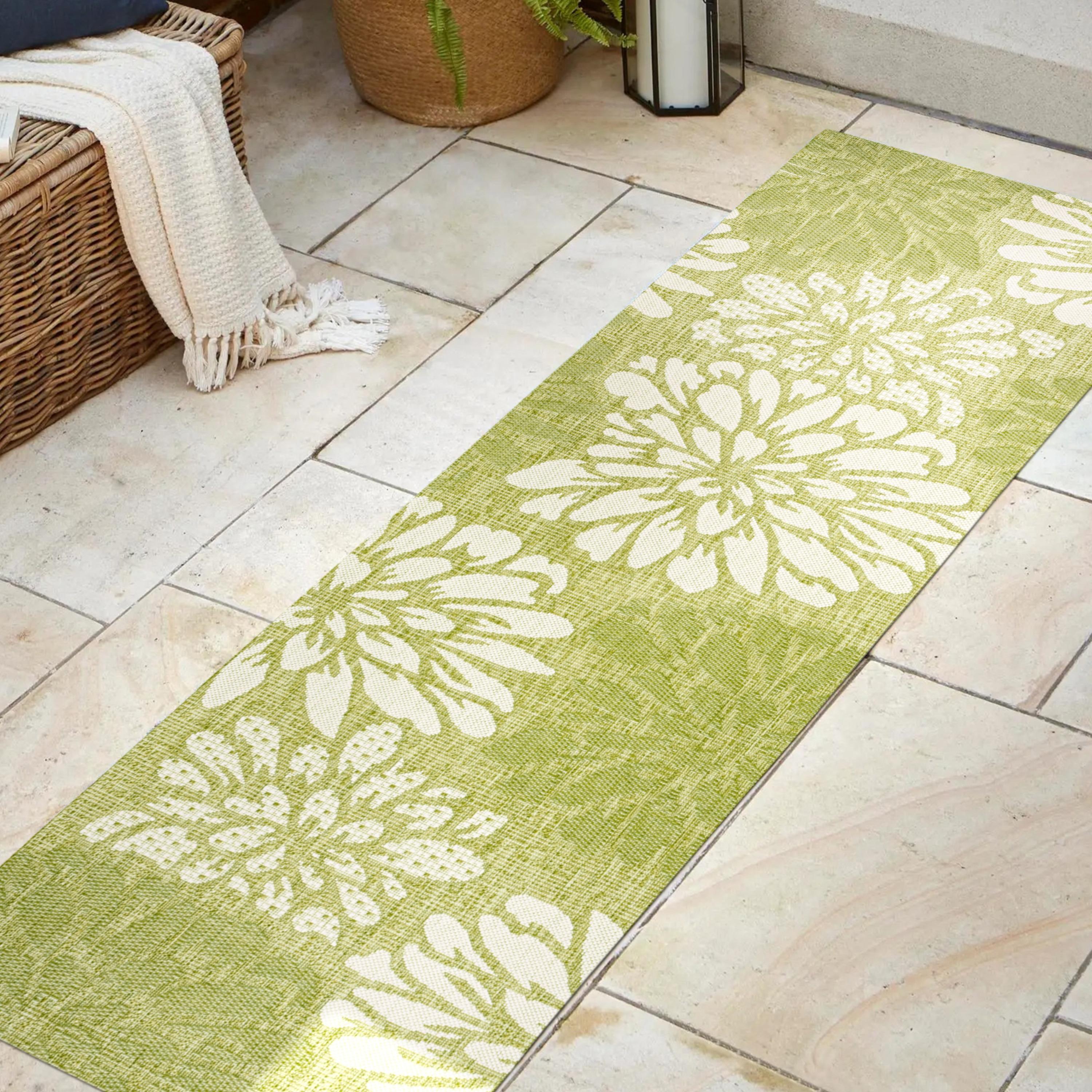 2' x 10' Zinnia Modern Floral Textured Weave Indoor/Outdoor Runner Rug, Green/Cream - JONATHAN Y
