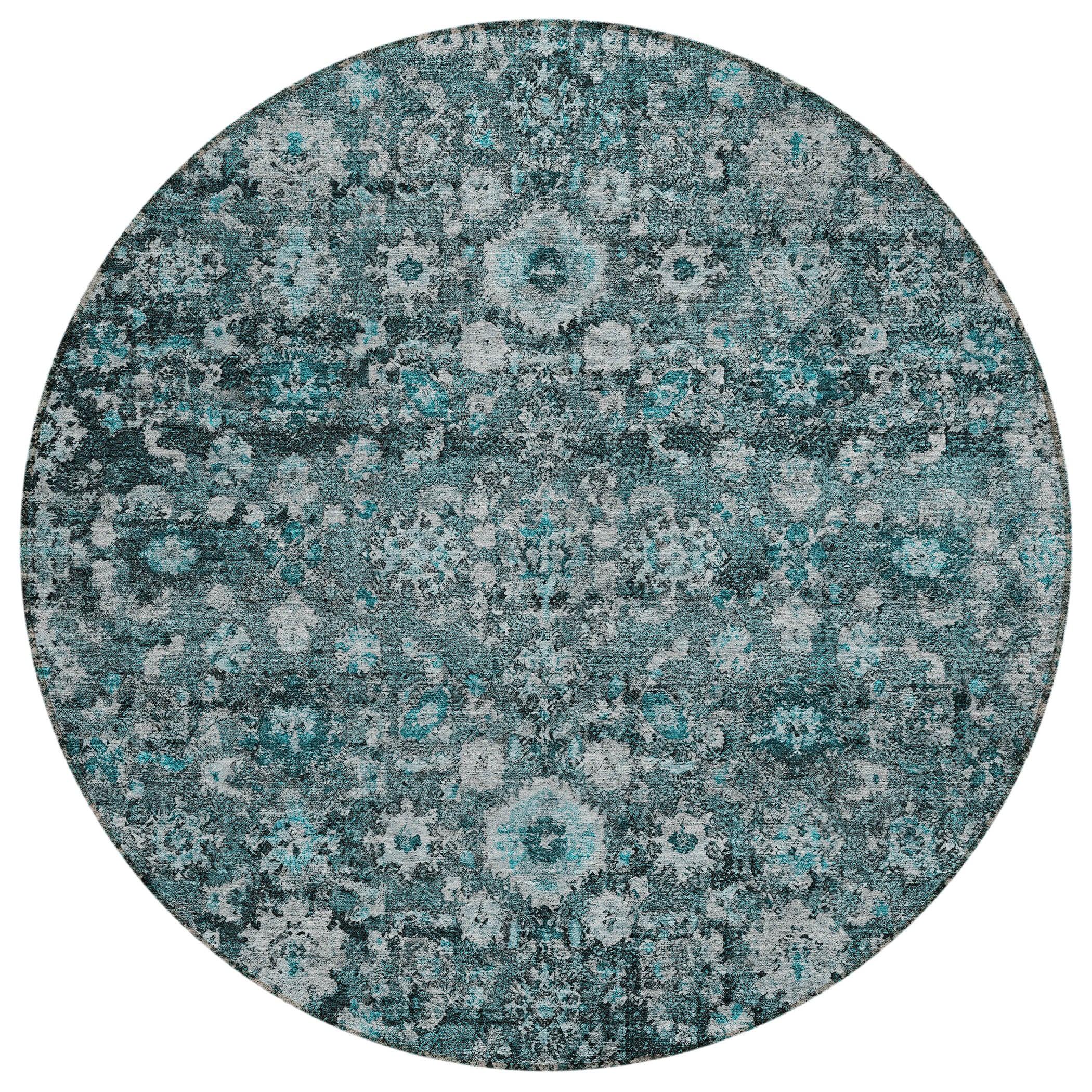 Teal and Gray Round Machine-Washable Synthetic Rug