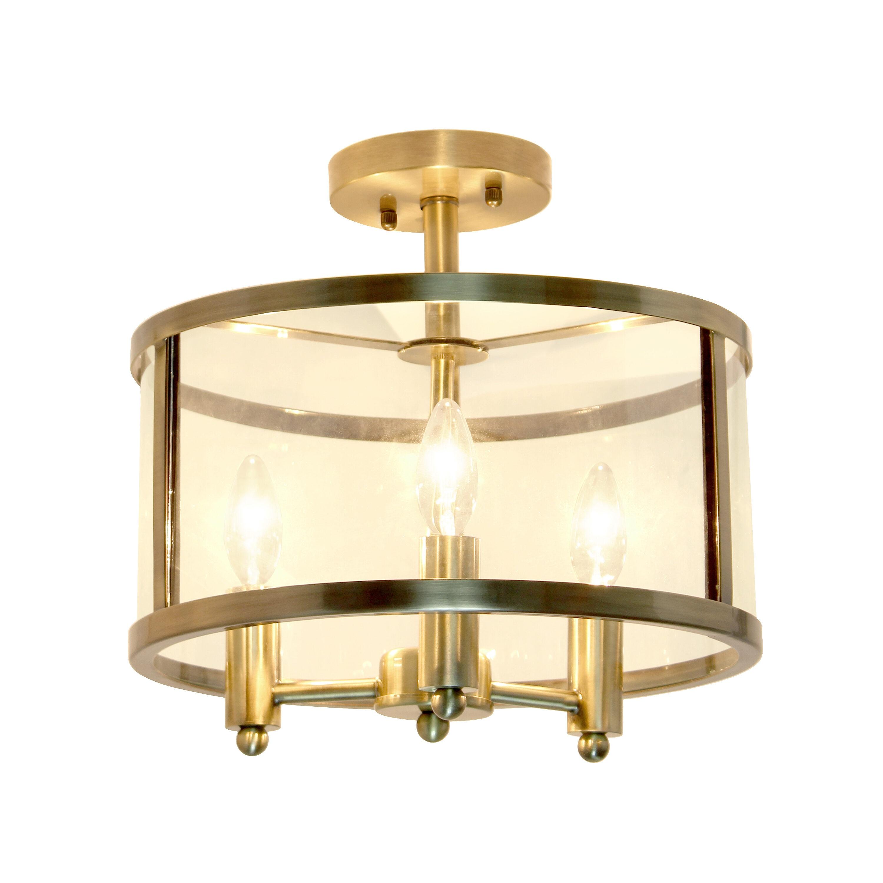 3-Light 13" Industrial Farmhouse Glass/Metallic Accented Semi-flushmount Ceiling Light Brass - Lalia Home: UL Listed, Metal Body, E12 Base