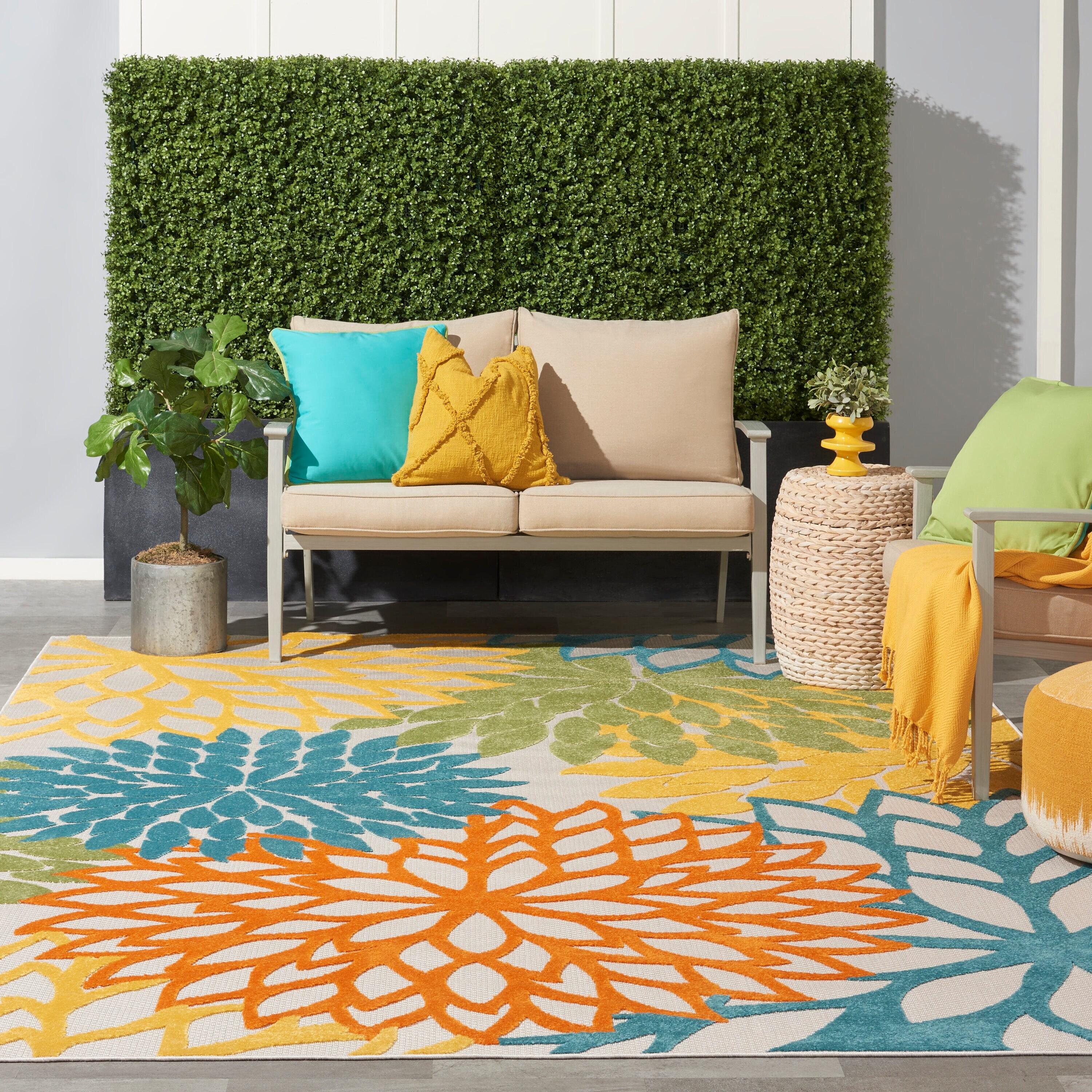 Nourison Aloha Floral Bloom Flatweave High-Low Indoor Outdoor Area Rug Turquoise Multicolor 9' x 12'