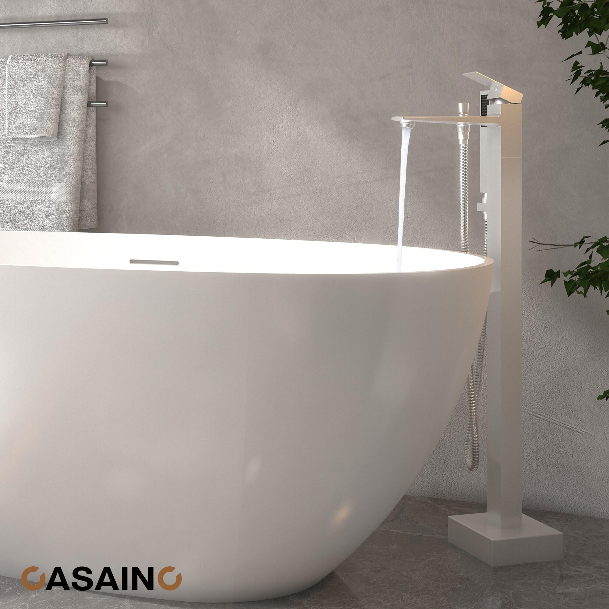 1-Handle Floor Mount Freestanding Tub Faucet with Handheld Shower in Brushed Nickel
