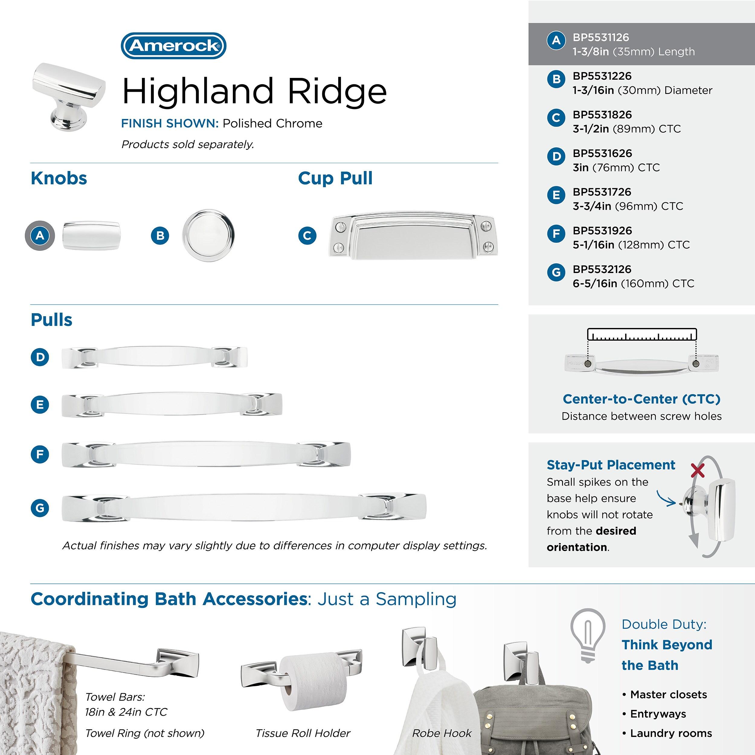 Amerock Highland Ridge 1-3/8 inch (35mm) Length Polished Chrome Cabinet Knob