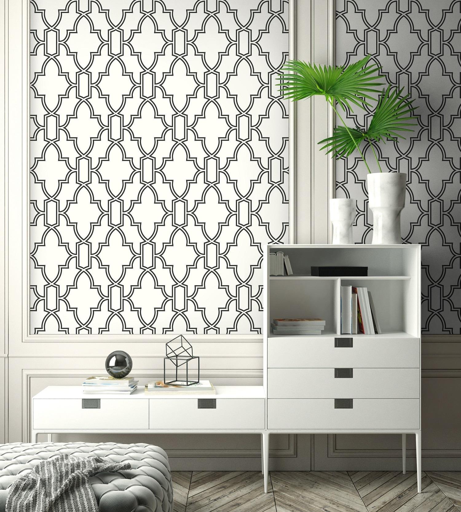 NextWall  Black and White Tile Trellis Peel and Stick Wallpaper - 20.5 in. W x 18 ft. L