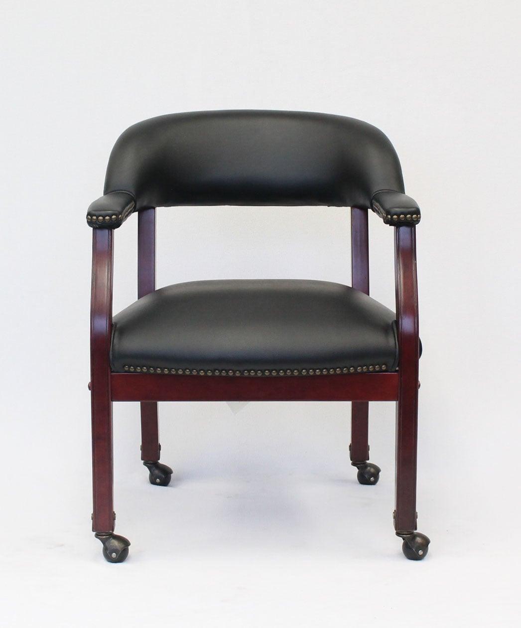 Captain's Chair with Casters Black - Boss Office Products: Mahogany Base, Vinyl Upholstery, Brass Castors