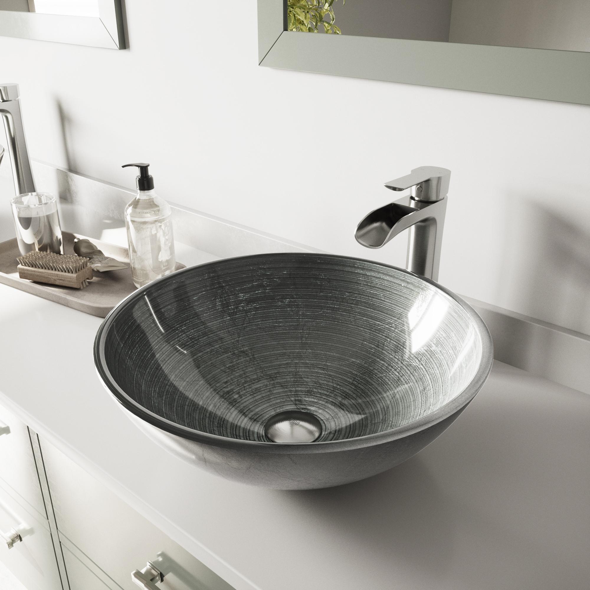 Titanium 17" L x 17" W x 6" H Round Glass Vessel Bathroom Sink with 4" H Faucet