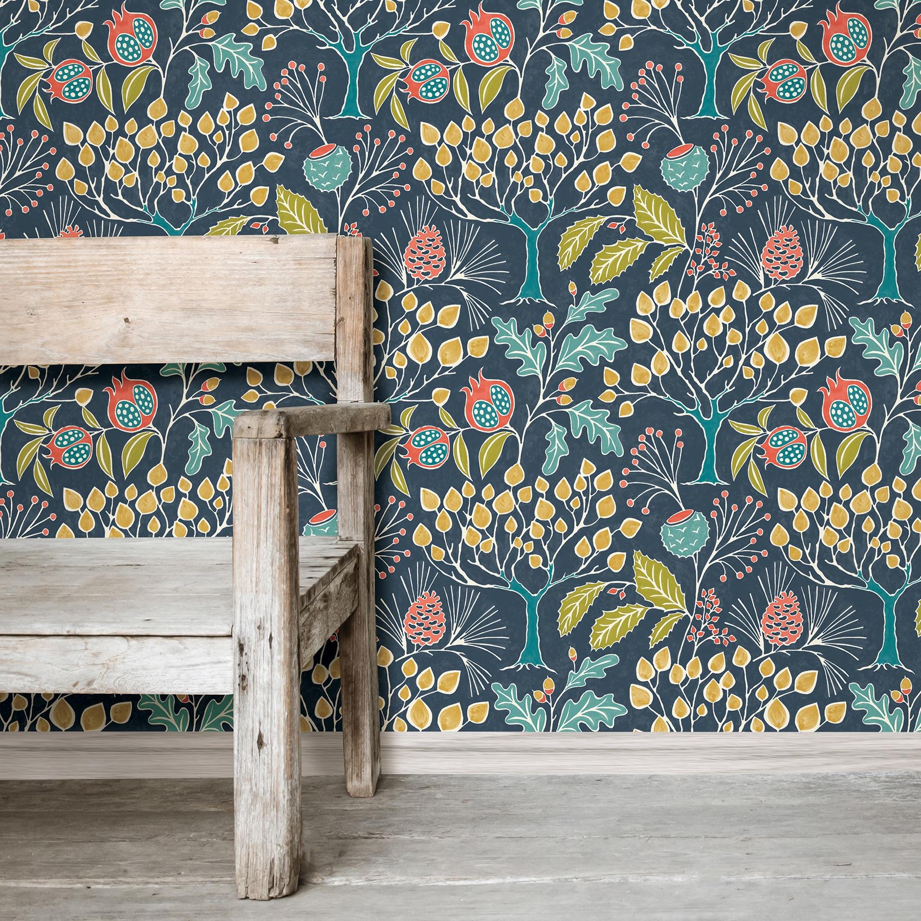 NuWallpaper Groovy Garden Navy Vinyl Peel And Stick Wallpaper, 216-in by 20.5-in, 30.75 Sq. ft. 1 count