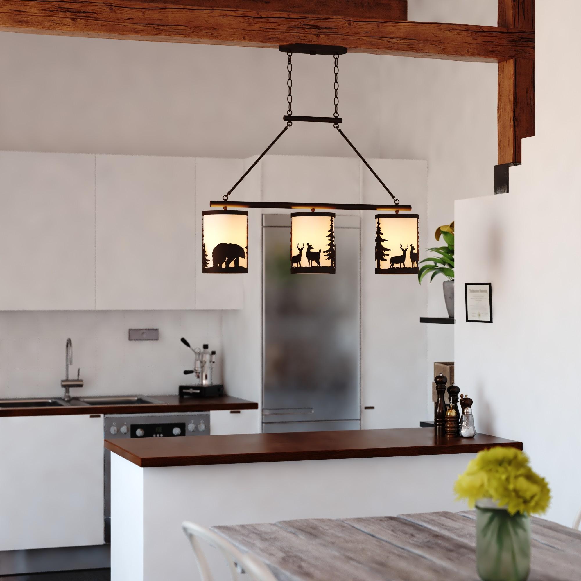 VAXCEL Acadia 3L Bronze Rustic Linear Chandelier Island Pendant Light Fixture Bear and Tree