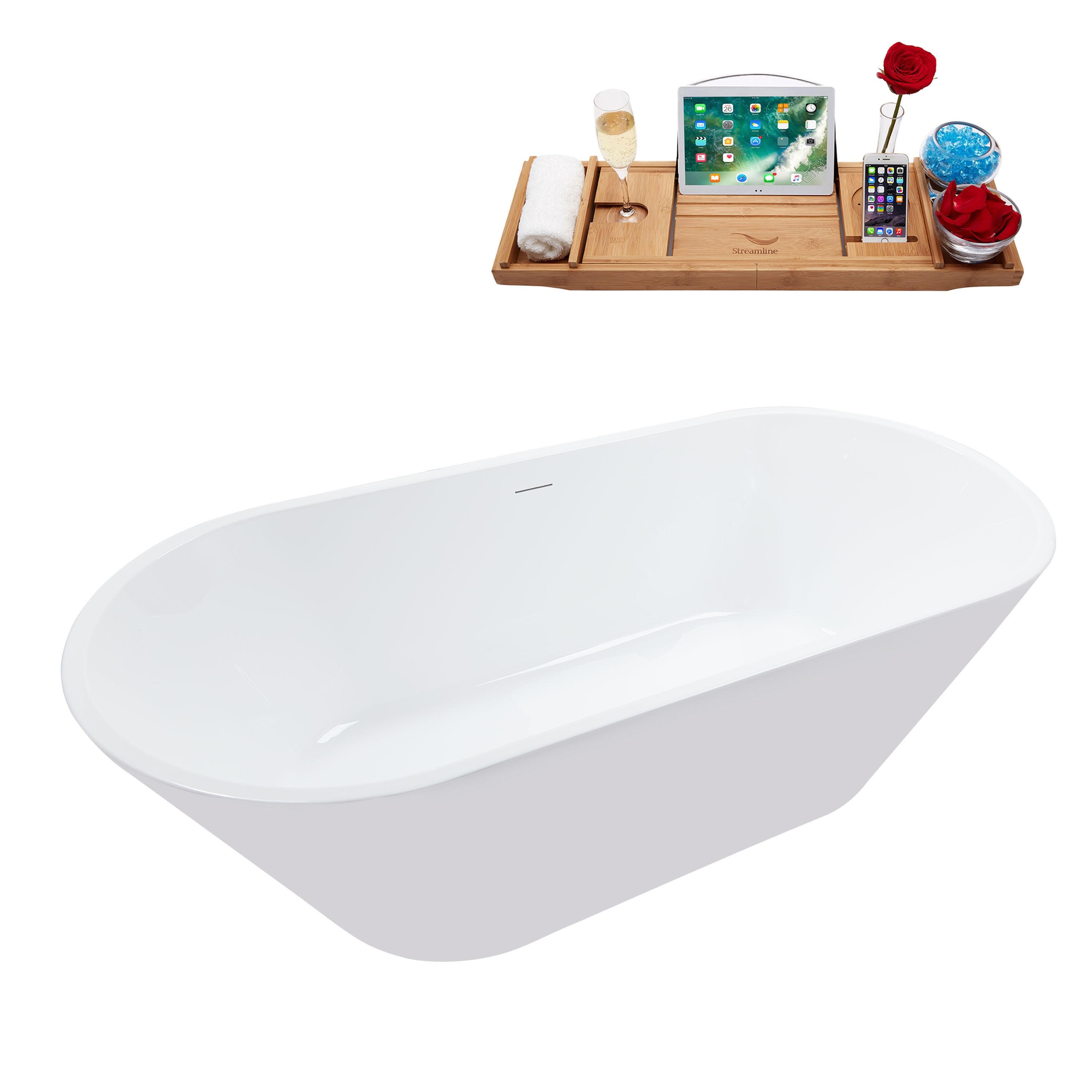 70-Inch Glossy White Acrylic Freestanding Bathtub with Matte Black Drain