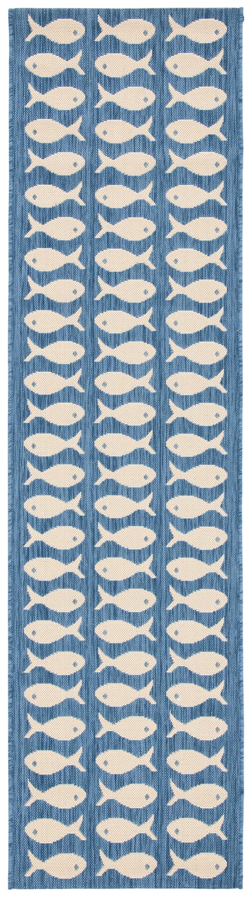 Safavieh Courtyard 2 X 14 (ft) Blue/Beige Indoor/Outdoor Geometric Runner Rug