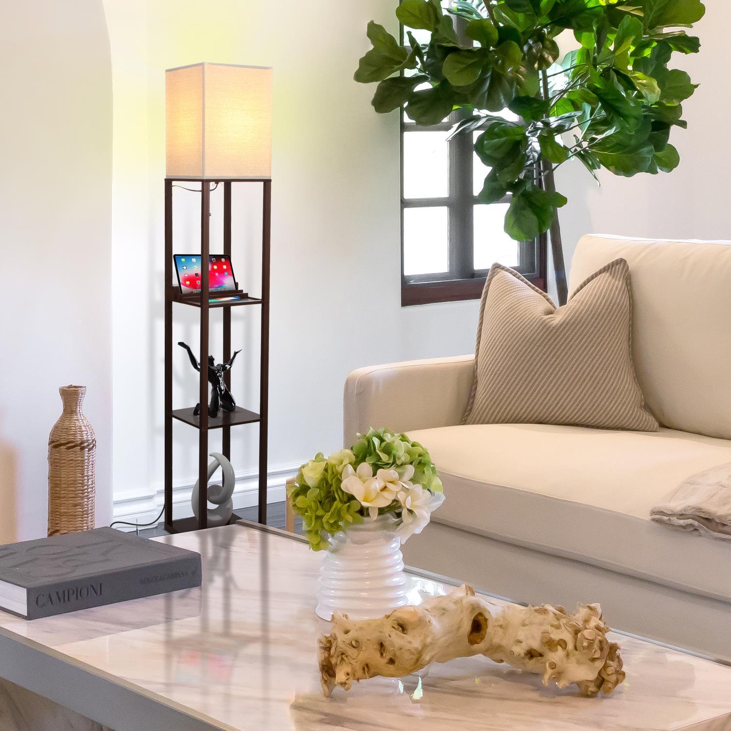 Maxwell 63 in. USB Charging LED 3-Shelf Floor Lamp with Beige Fabric Square Shade