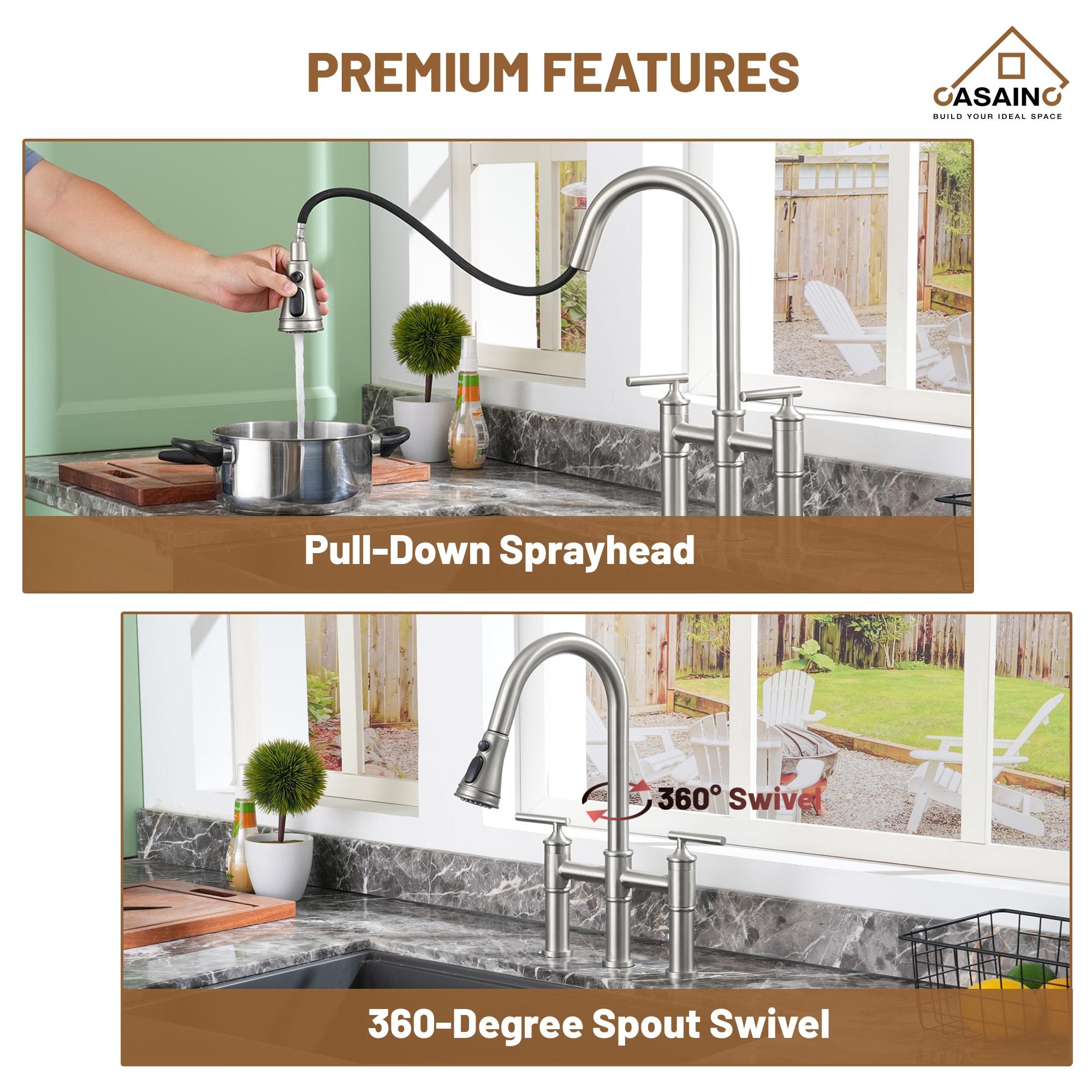 CASAINC Sleek 2-Handle Bridge Kitchen Faucet with Three Function Pull-Down Sprayhead 1.8 GPM KCLT0001-BN