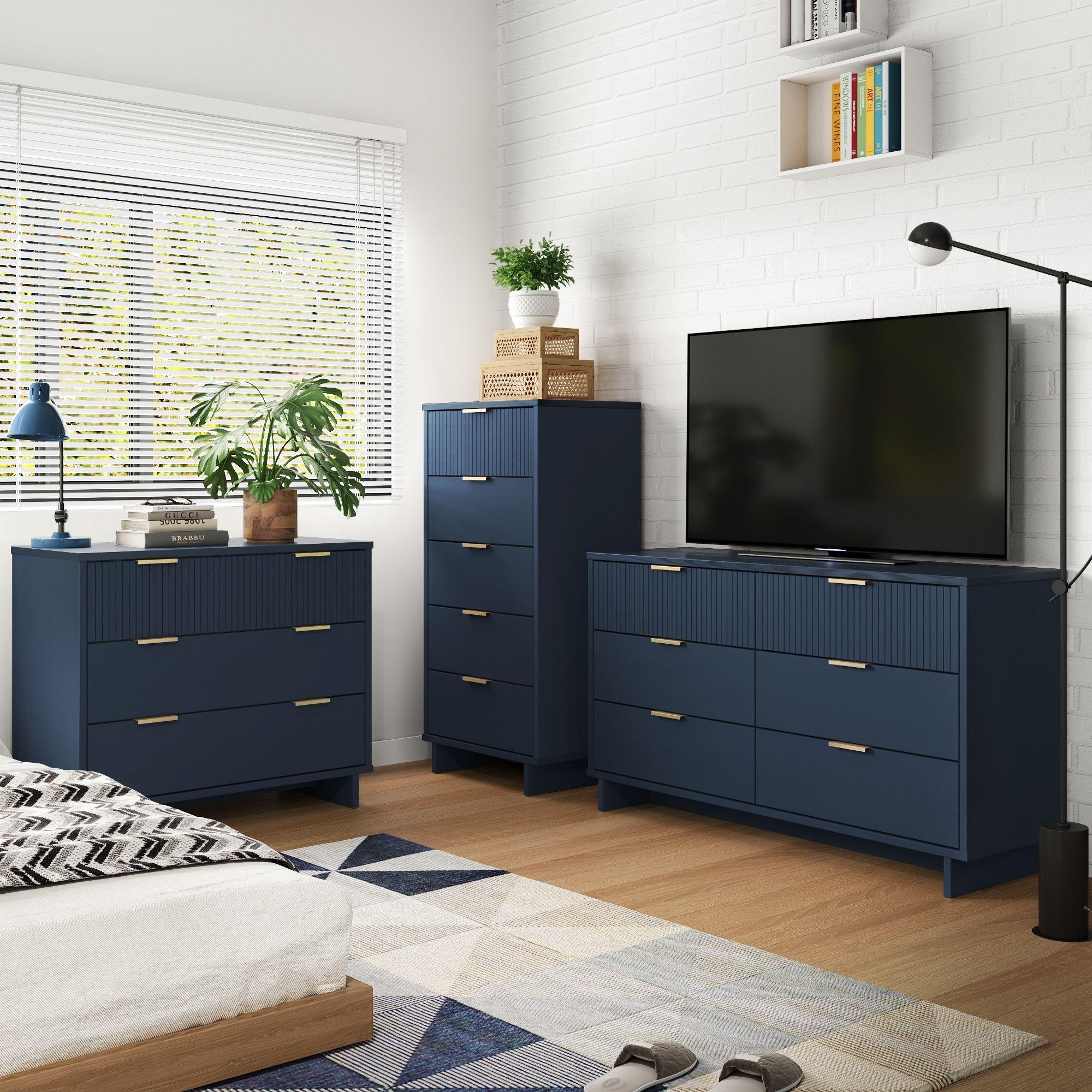 Manhattan Comfort 3pc Granville Chest with Single Dresser and Double Dresser Bedroom Set Midnight Blue: Includes Anti-Tip Hardware, Modern Style