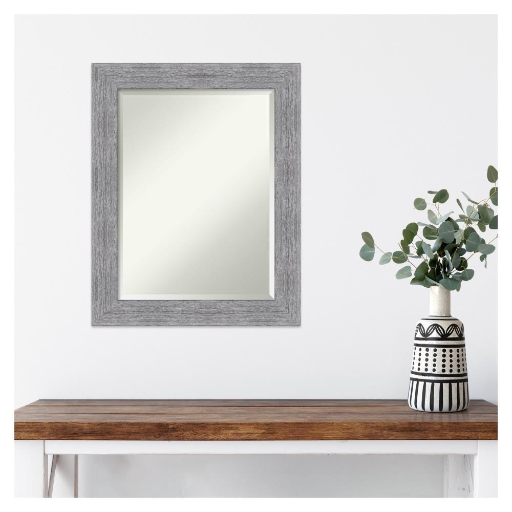 Amanti Art Beveled Bathroom Wall Mirror - Bark Rustic Char Frame Bark Rustic Grey Outer Size: 23 x 29 in Silver, Brown, Grey
