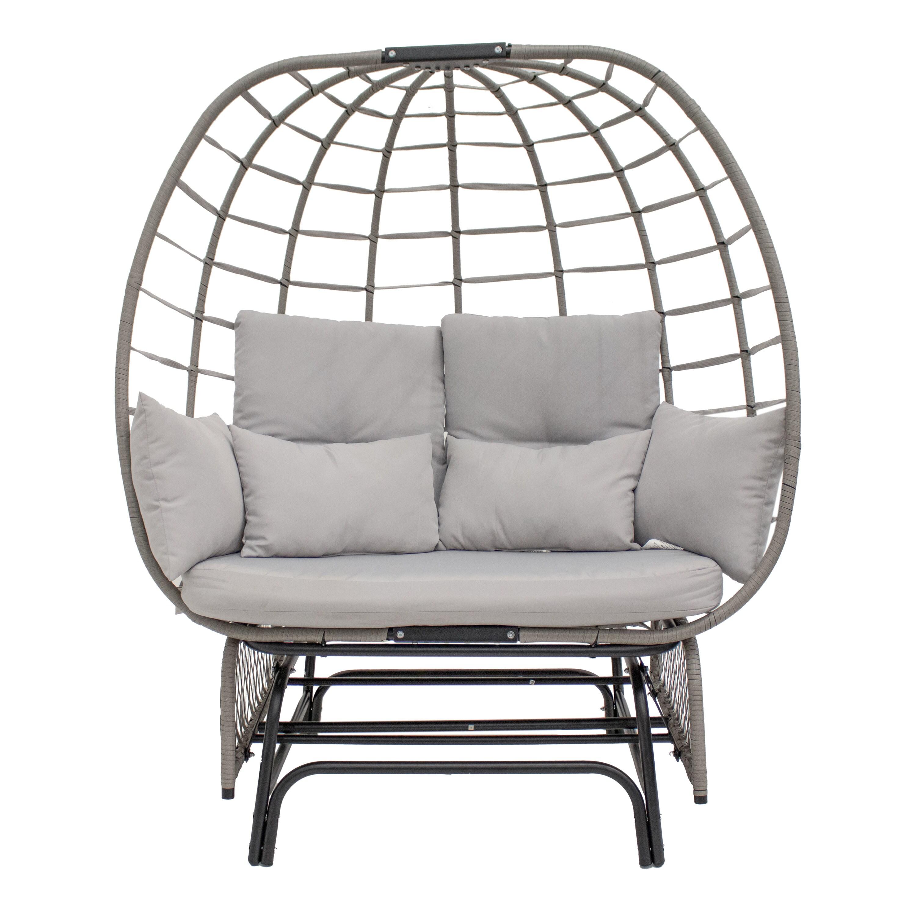 Sunnydaze Outdoor Polyrattan Double Egg Chair Glider with Cushions and Pillows - Gray