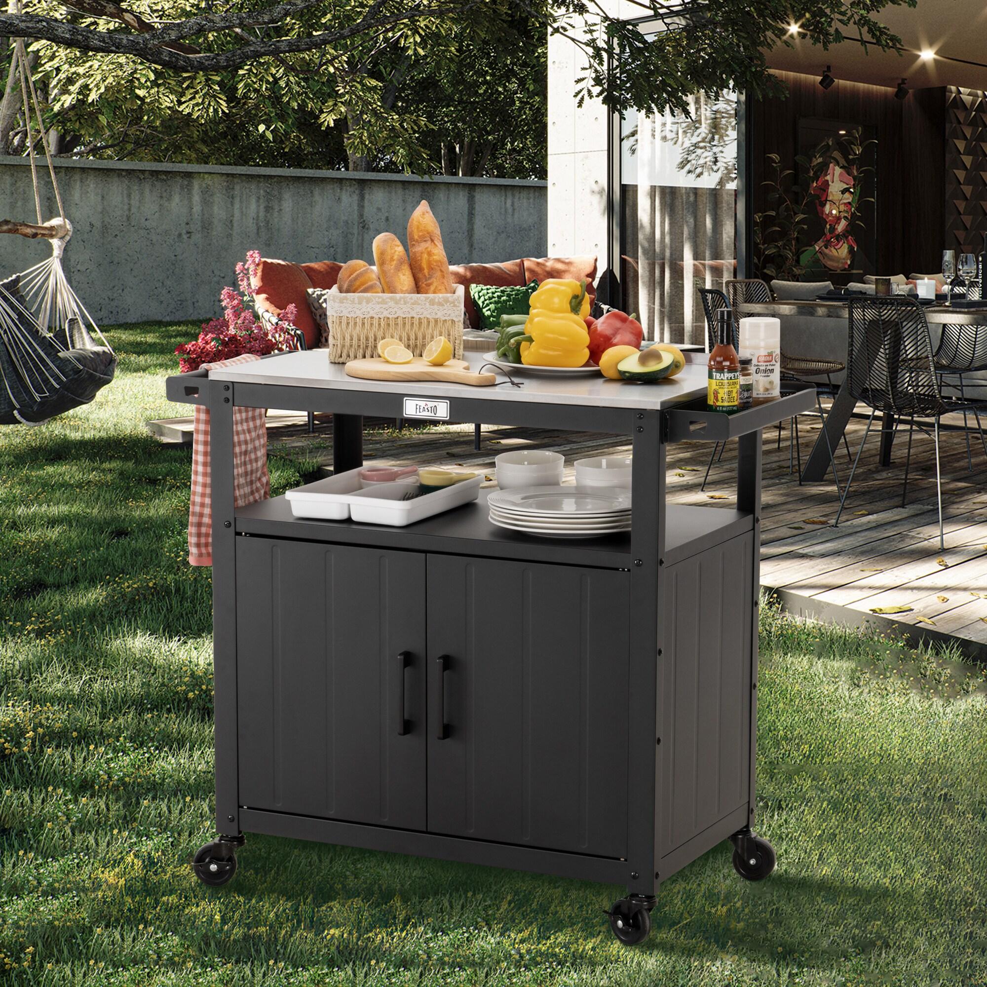 Feasto Feasto 35''H x 32''W Cabinet Utility Cart with Wheels, Outdoor Grill Cart, Rolling Kitchen Cart for BBQ Food Prep