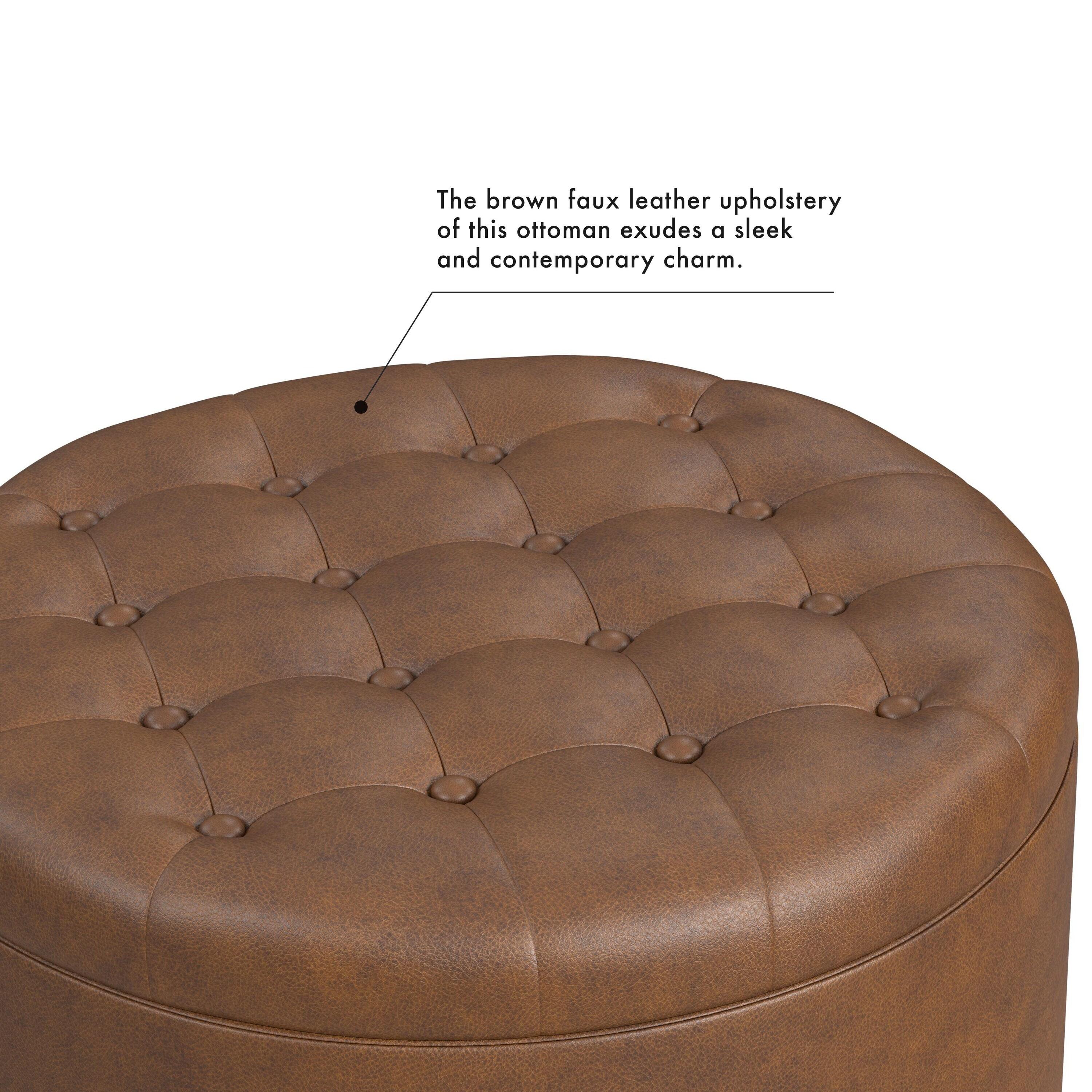 HomePop Tufted Faux Leather Round Storage Ottoman Brown: Upholstered Traditional Decor, Hardwood Frame