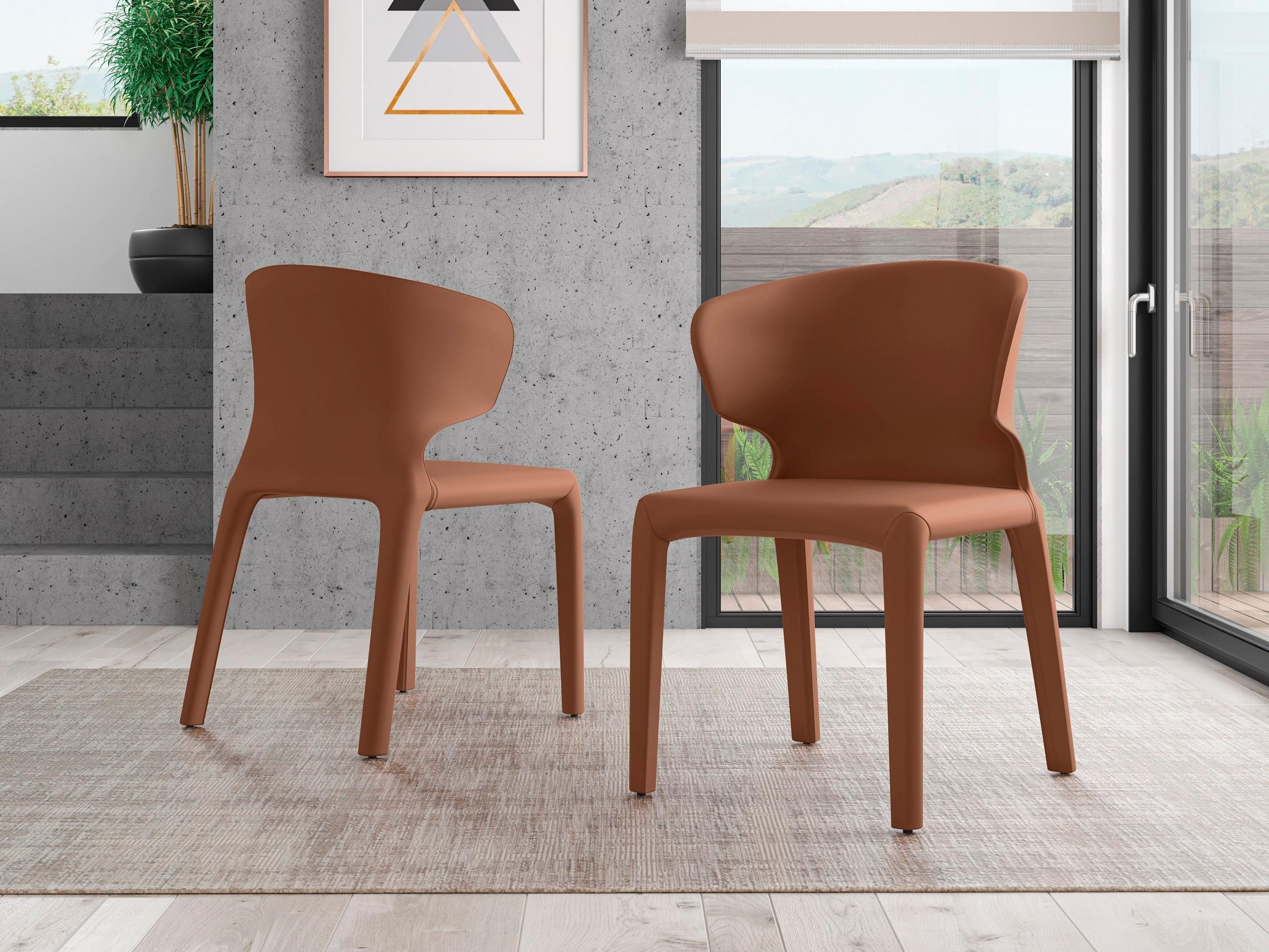 Set of 2 Conrad Faux Leather Dining Chairs Saddle - Manhattan Comfort: Mid-Century Modern, Metal Frame, Cushioned