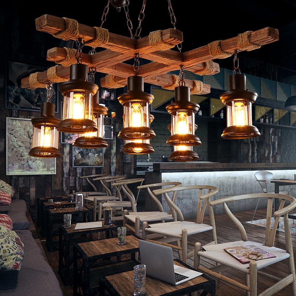 Rongfun 8-Light Rustic Country Chandelier Wood Pendant Lamp Industrial Ceiling Fixture