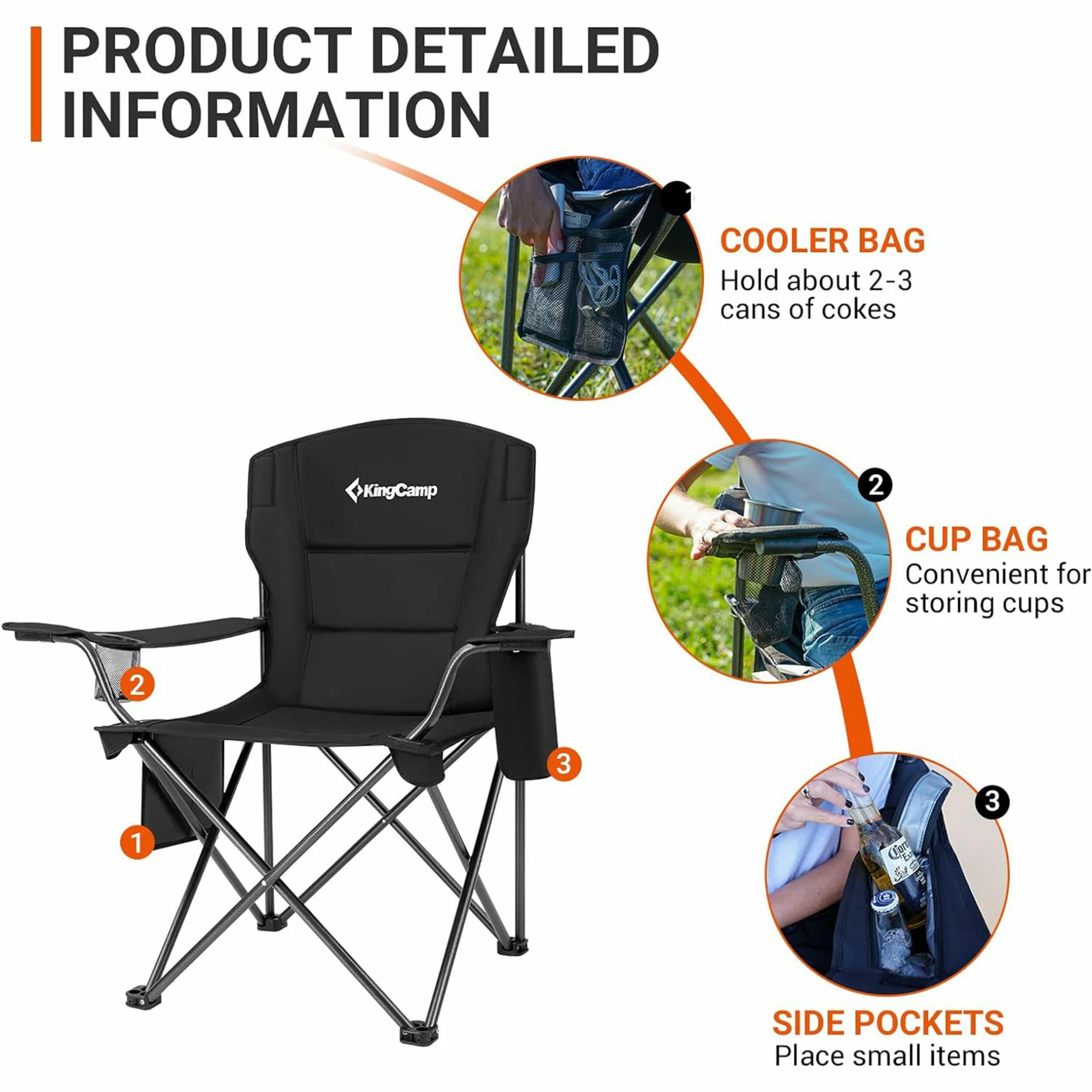 KingCamp Padded Portable Outdoor Folding Lounge Chairs with Built In Cupholder, Insulated Cooler Sleeve, and Side Storage Pocket, Black