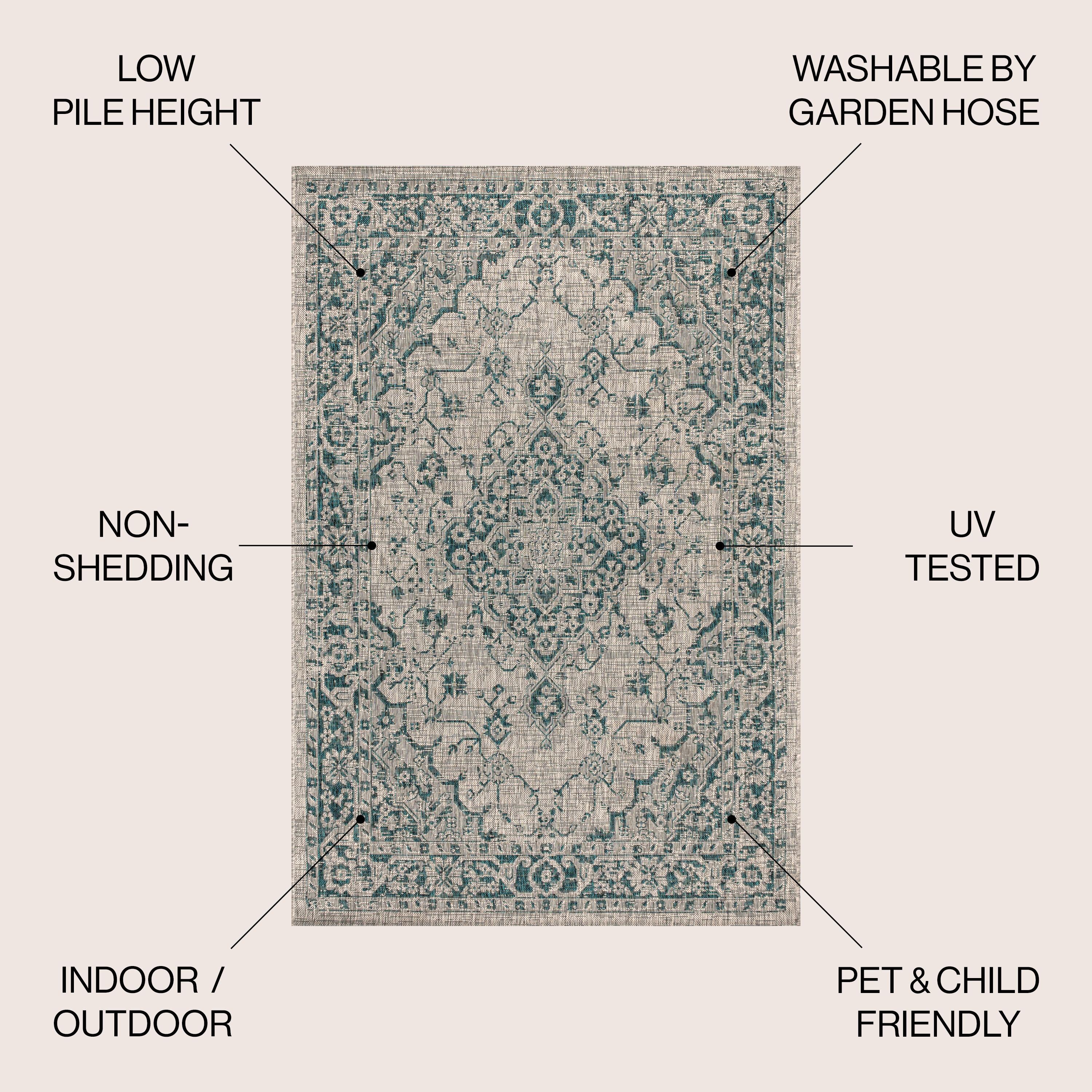 5' Square Rozetta Boho Medallion Textured Weave Indoor/Outdoor Area Rug, Gray/Teal - JONATHAN Y