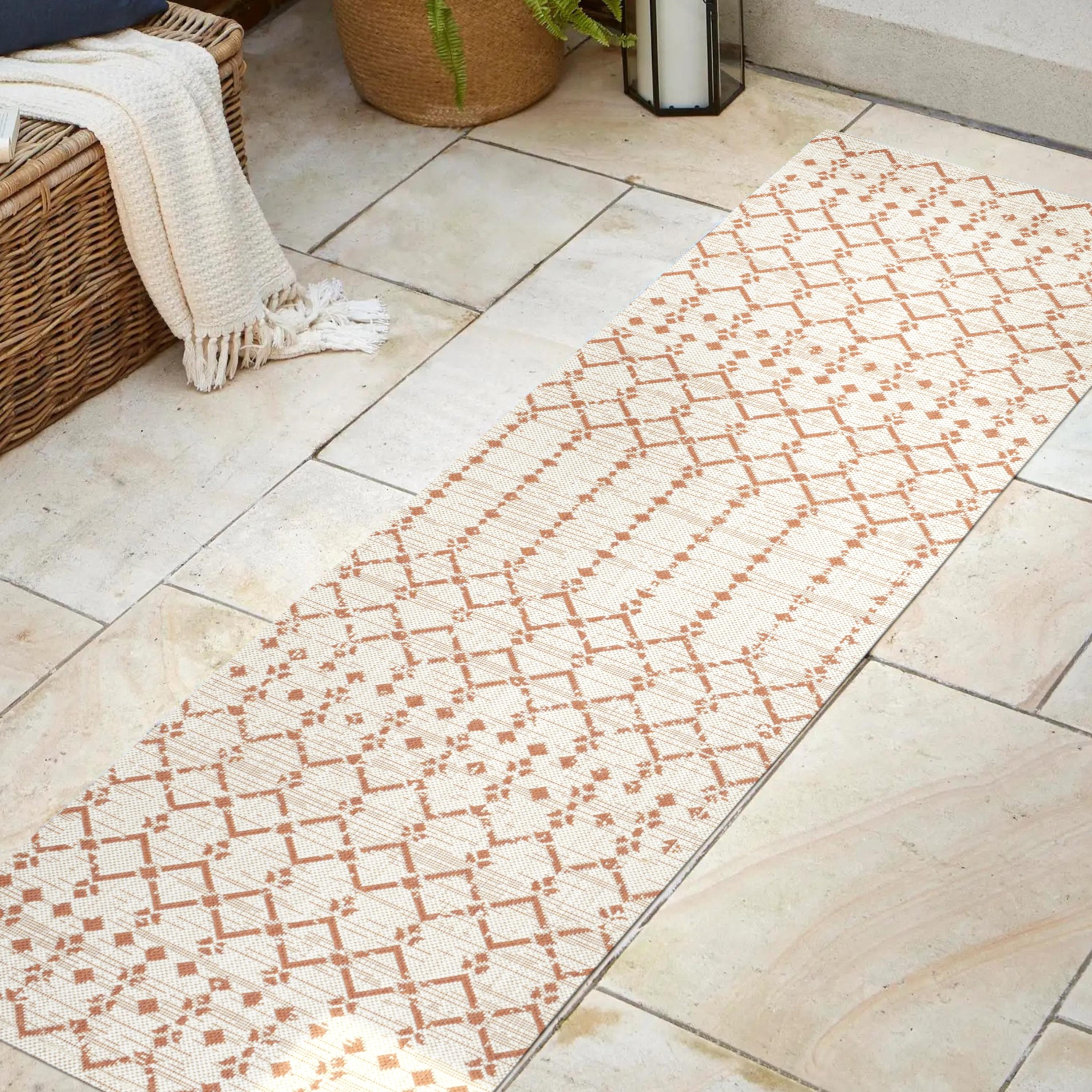 2' x 10' Ourika Moroccan Geometric Textured Weave Indoor/Outdoor Runner Rug, Cream/Orange - JONATHAN Y