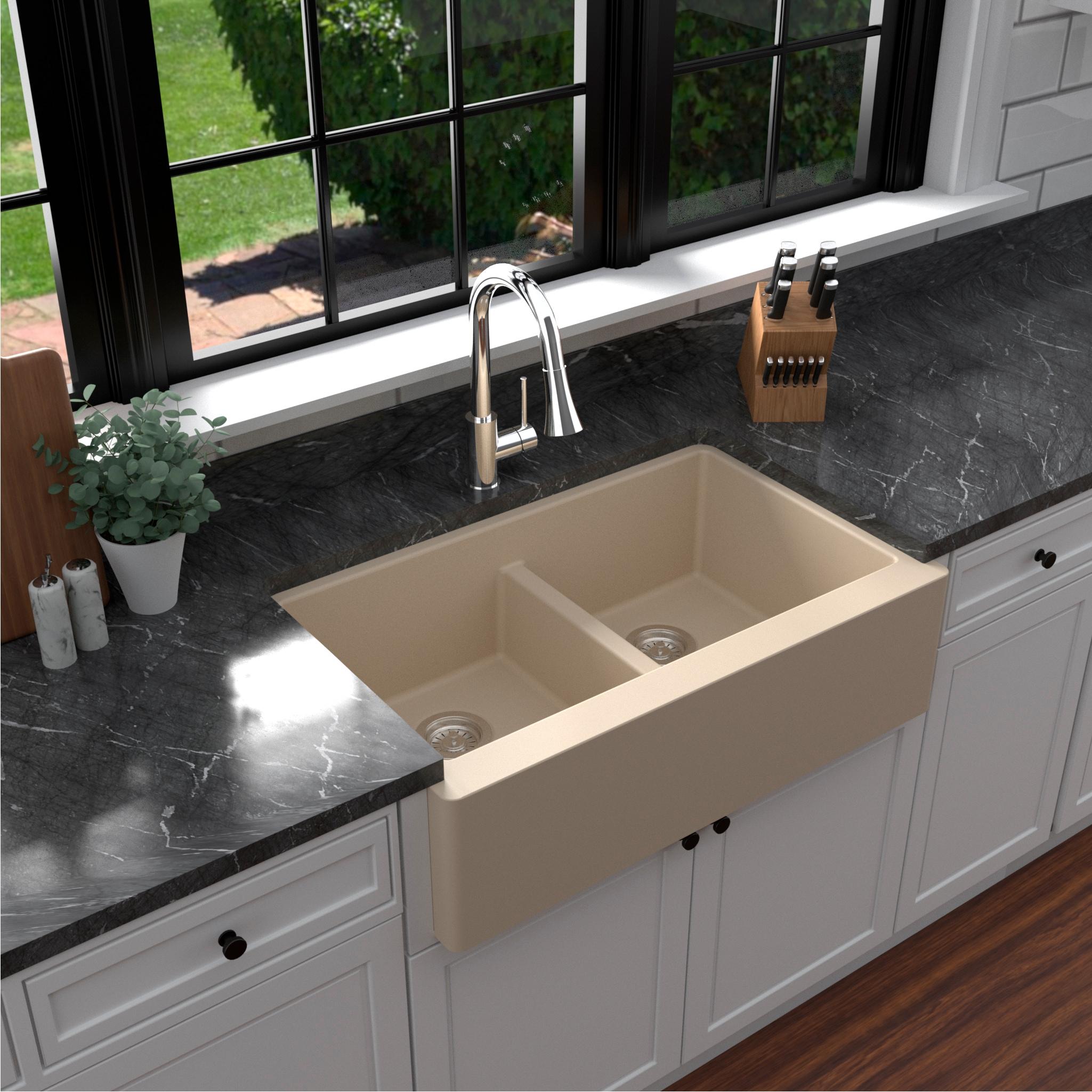 Karran Quartz 34'' X 21-1/4'' 50/50 Double Bowl Farmhouse/Apron Front Kitchen Sink Kit