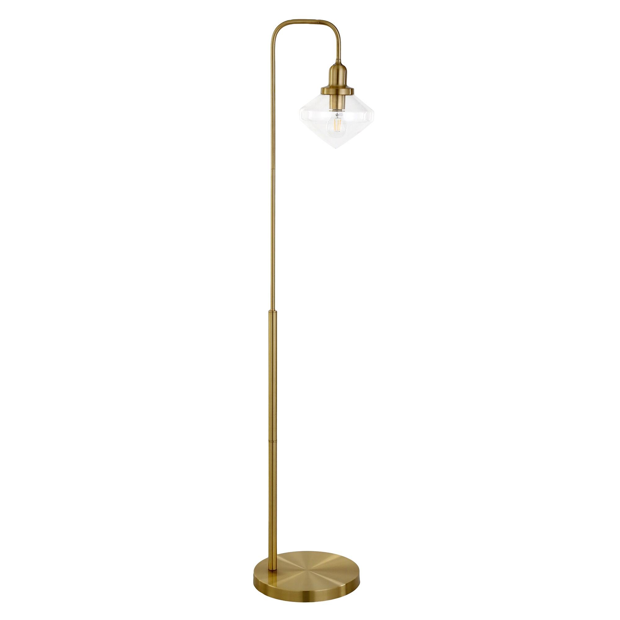 Evelyn&Zoe Zariza Arc Floor Lamp with Glass Shade, Brass/Clear
