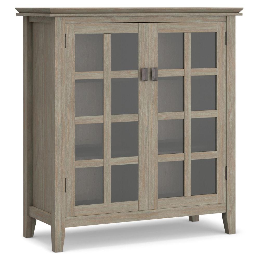 Simpli Home Artisan 38"W Solid Wood 4-Shelf Medium Storage Cabinet with Glass Doors and Adjustable Shelves