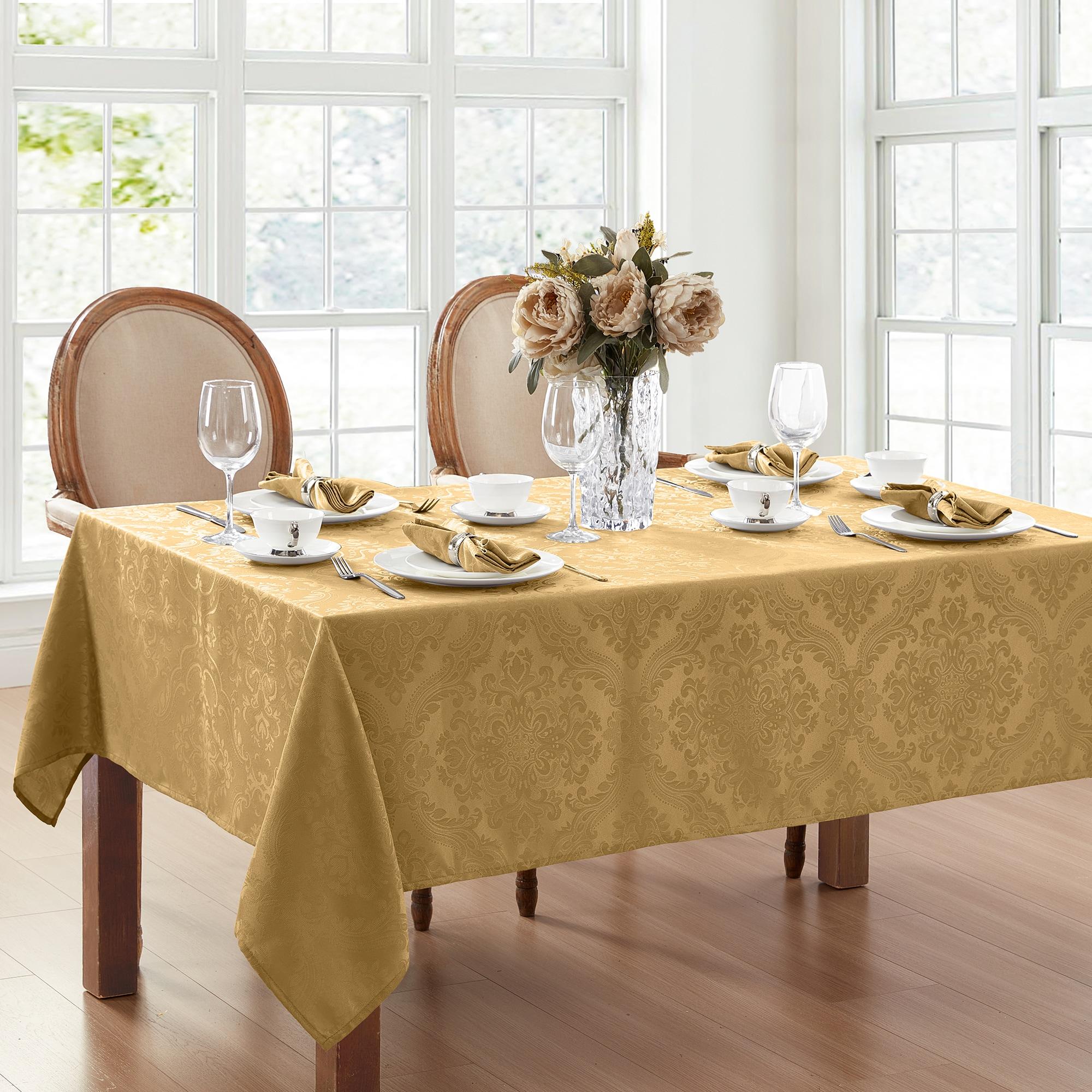 Caiden Elegance Damask Water & Stain Resistant Tablecloth - 52" Square - Gold - Elrene Home Fashions