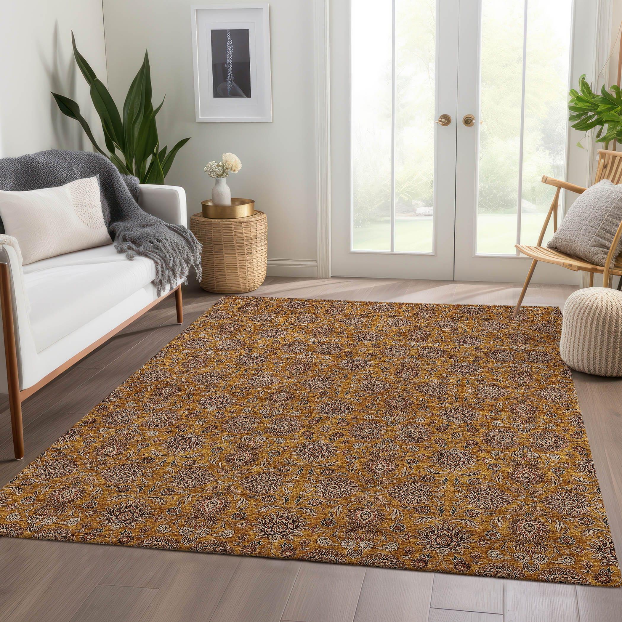 Copper Floral Pattern Machine Washable Indoor Outdoor Rug