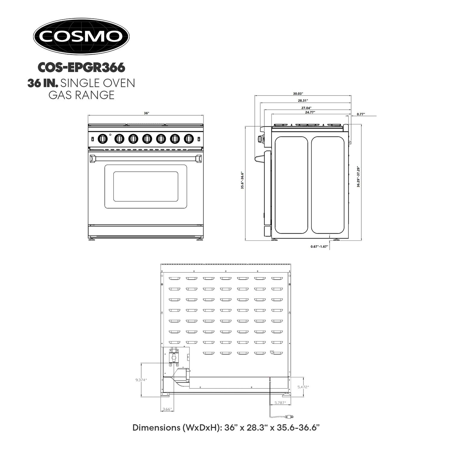 Cosmo 36 in. Haven Collection 6.0 cu. ft. Gas Range, 6 Burners, Convection Oven, Knob LEDs, Storage Drawer, Stainless Steel