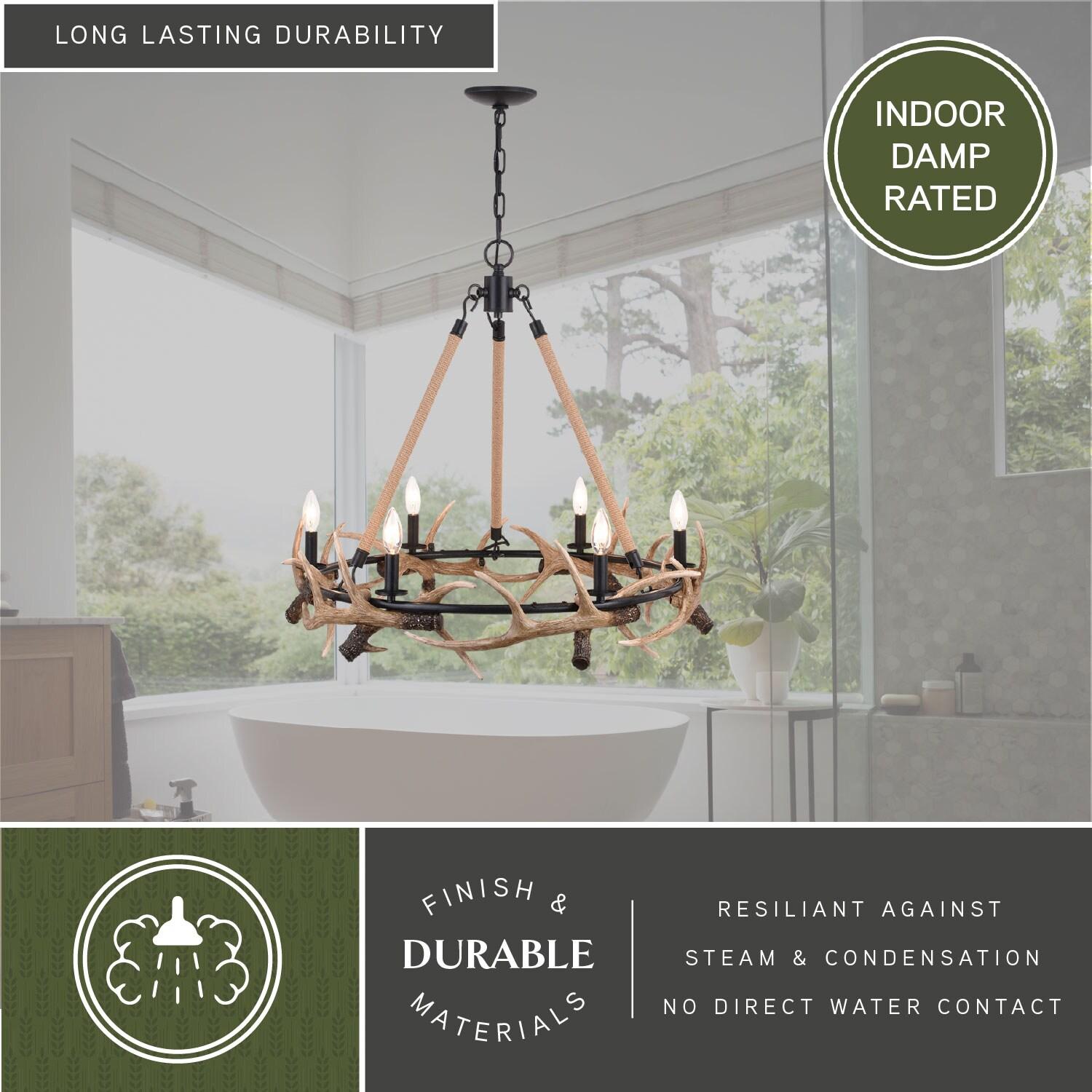 Vaxcel Breckenridge 6 Light Bronze Rustic Antler Chandelier Natural Rope Accent
