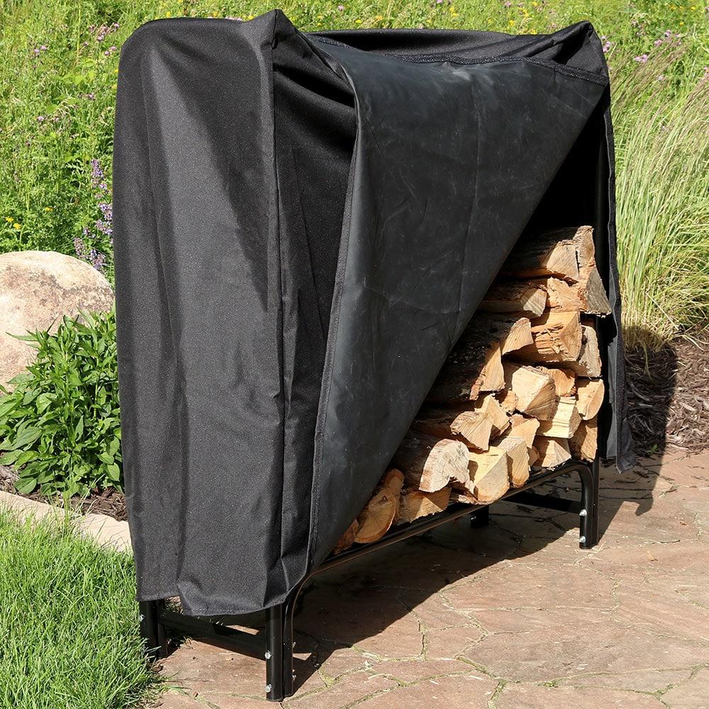 Sunnydaze Outdoor Heavy-Duty Steel Firewood Log Rack Holder and Weather-Resistant Polyester Log Rack Cover - 4' - Black