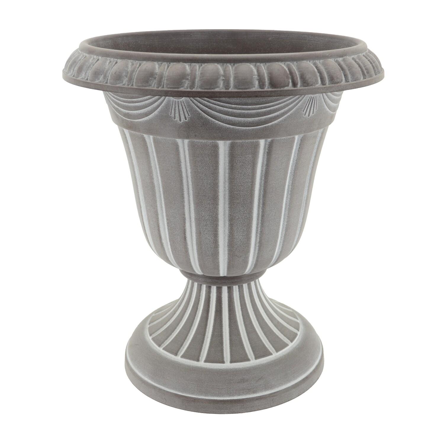 Traditional Gray Plastic Urn Planter for Indoor/Outdoor Use