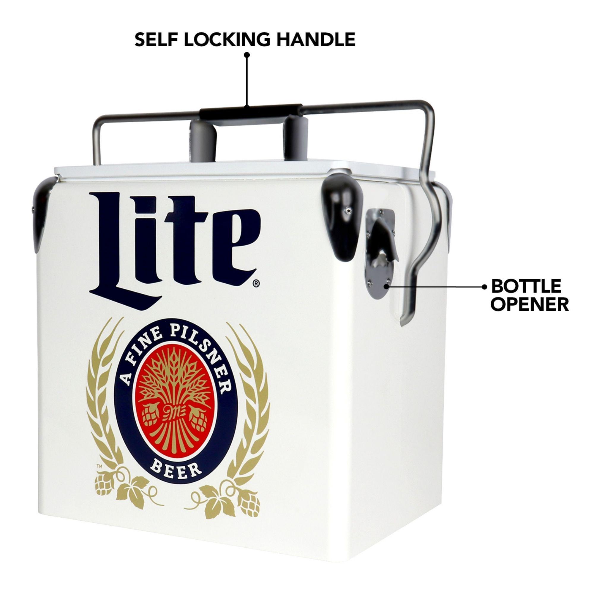 Miller Lite Retro Ice Chest Cooler with Bottle Opener 13L (14 qt), White and Blue