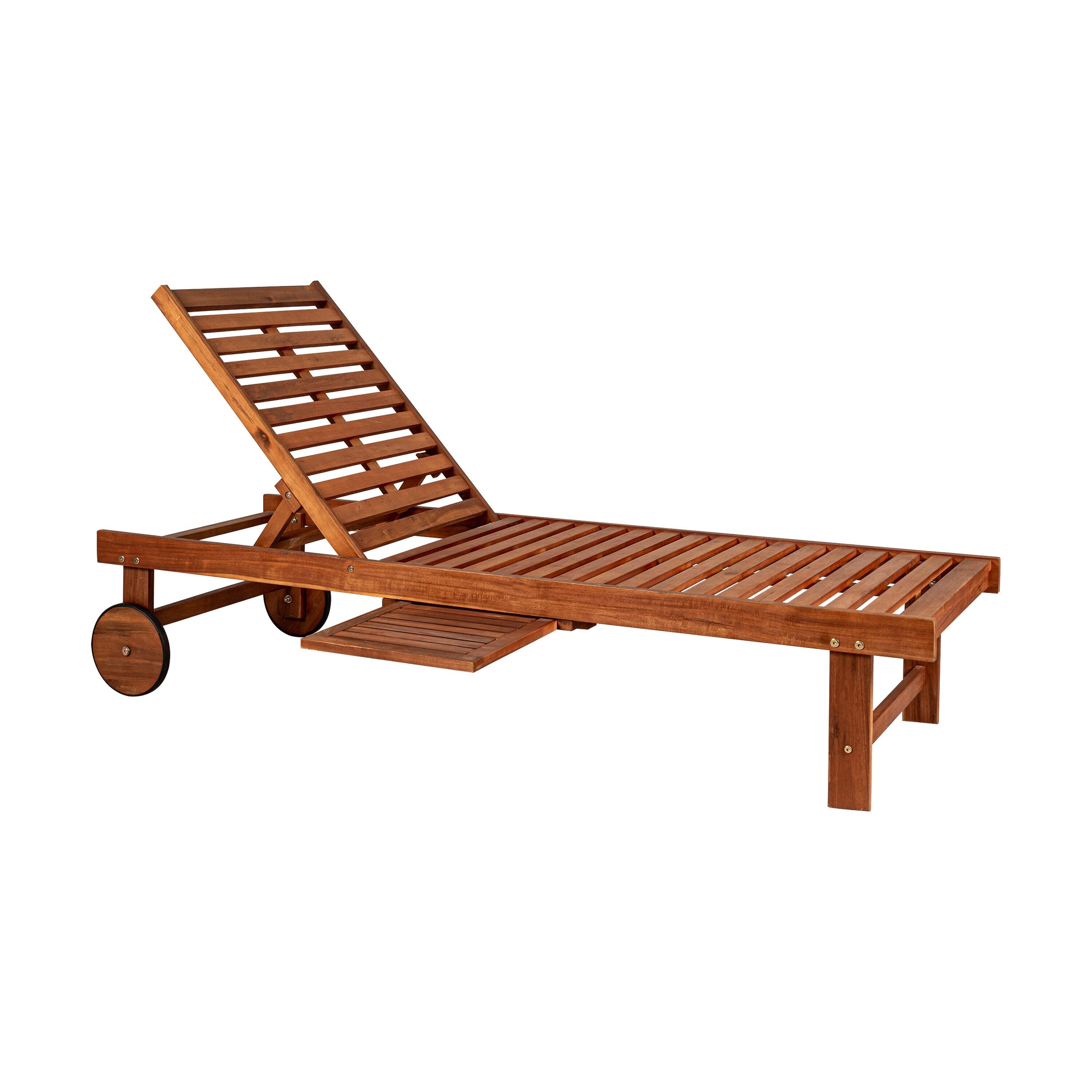 Seabrook 69 x 24 Inch Outdoor Acacia Wood Lounger with Cushion, 5-Position Back, Slide Table & Wheels, Light Brown -JONATHAN Y