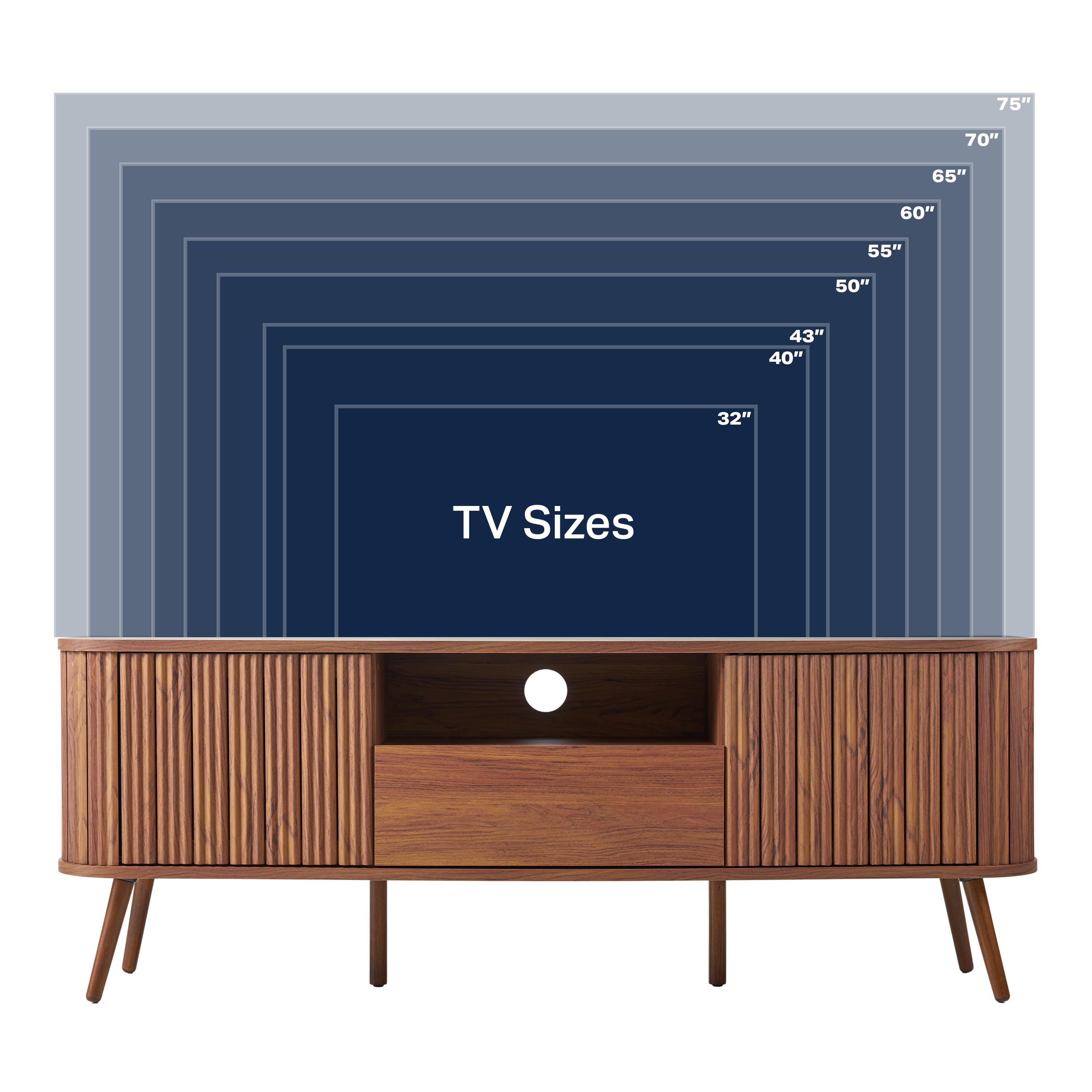 JONATHAN Y Damien 70 in. Farmhouse Curved TV Stand with Drawer and Storage Doors Fits TVs up to 75 in. with Cable Management, Walnut