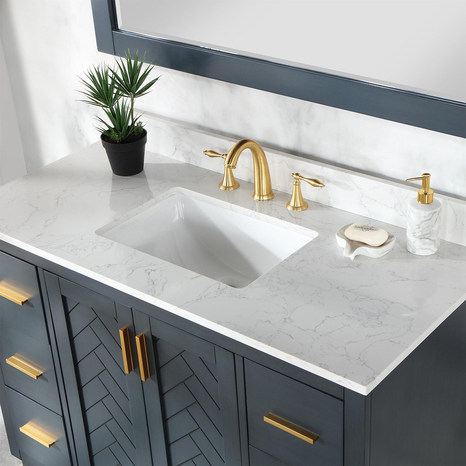 Gazsi 48" Single Bathroom Vanity Set in Charcoal Blue with Grain White Composite Stone Countertop without Mirror