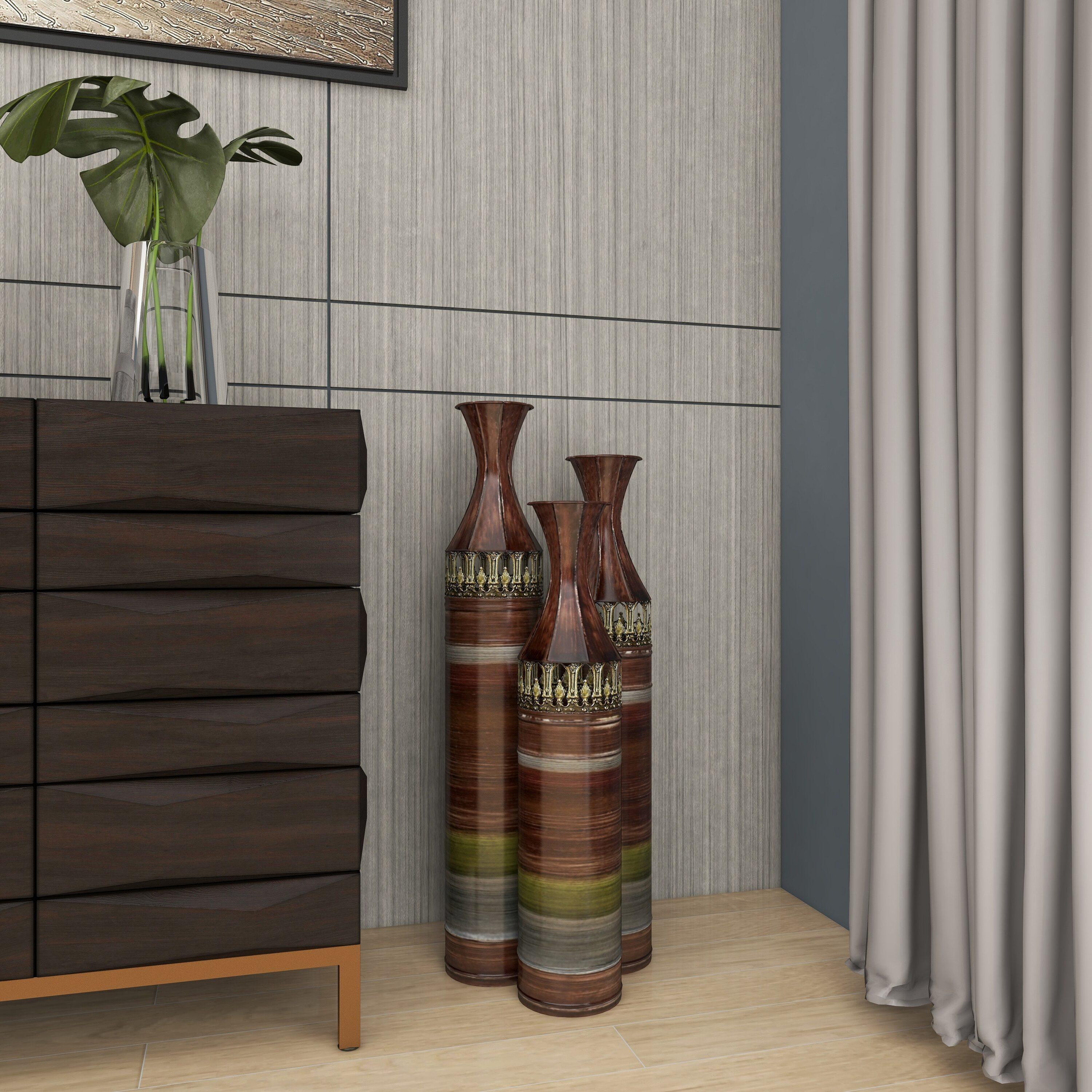 DecMode 34", 31", 28"H Tall Ombre Bronze Metal Vase with Laser Cut Antefix Design, Set of 3